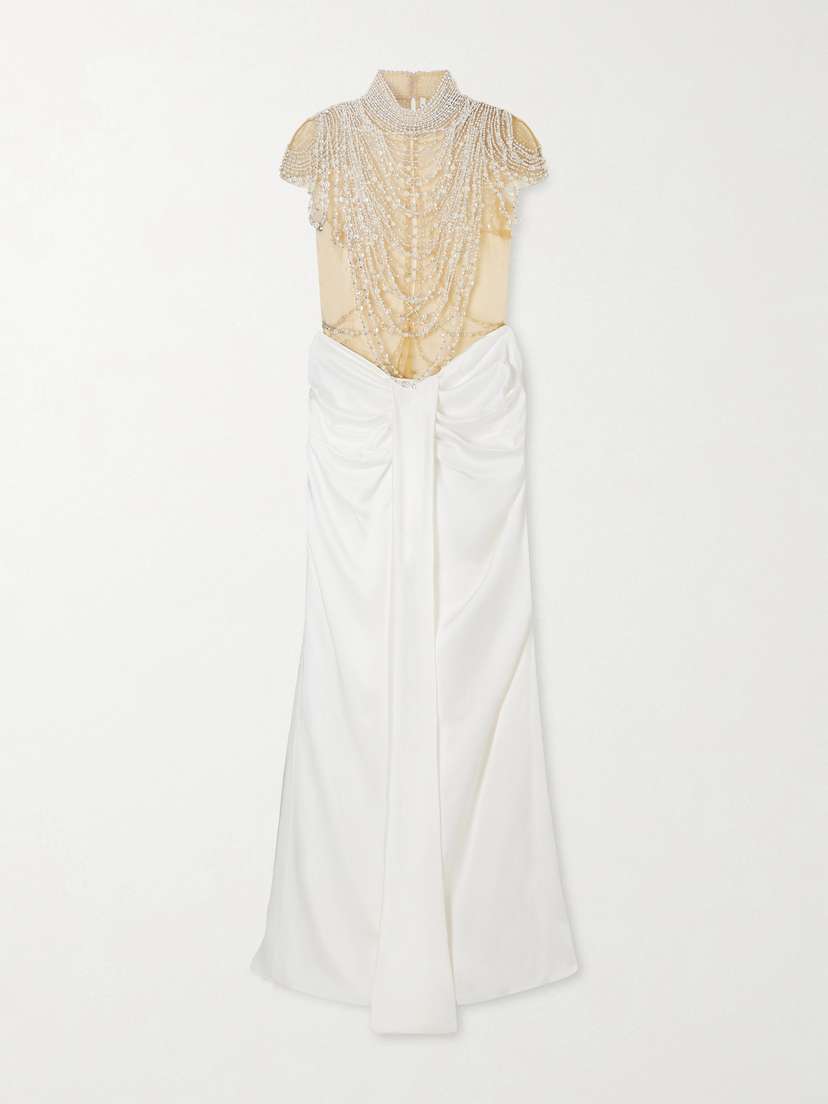 Clio Peppiatt Zsa Zsa Draped Gathered Embellished Mesh And Satin Gown