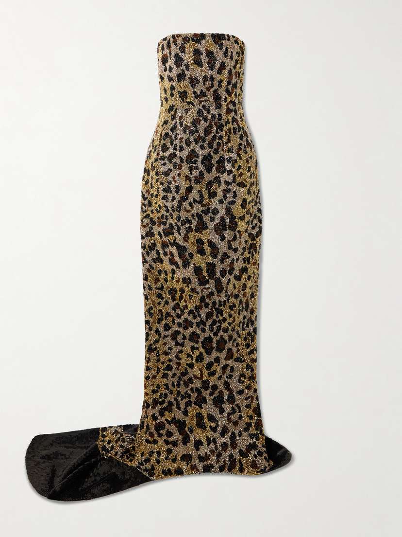 Clio Peppiatt Naomi Strapless Embellished Leopard-print Satin Gown