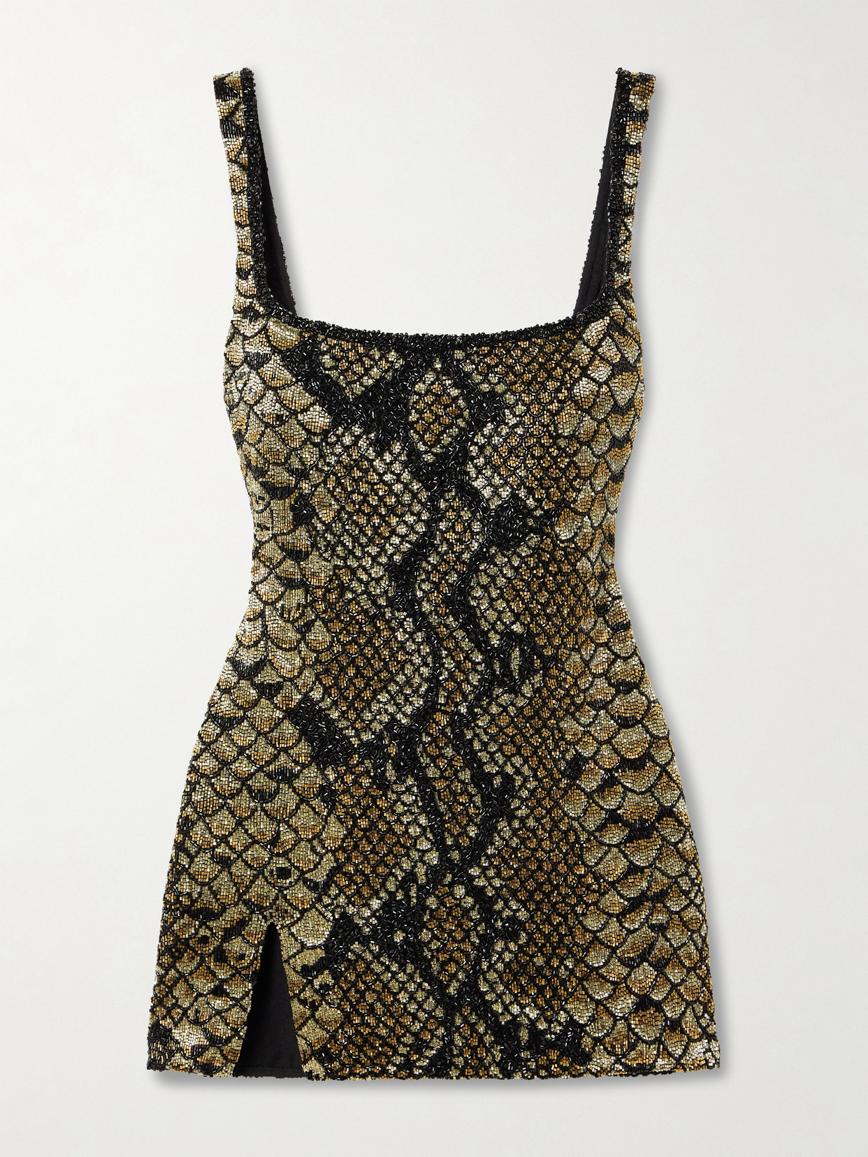 Clio Peppiatt Medusa Embellished Snake-print Stretch-mesh Mini Dress In Gold