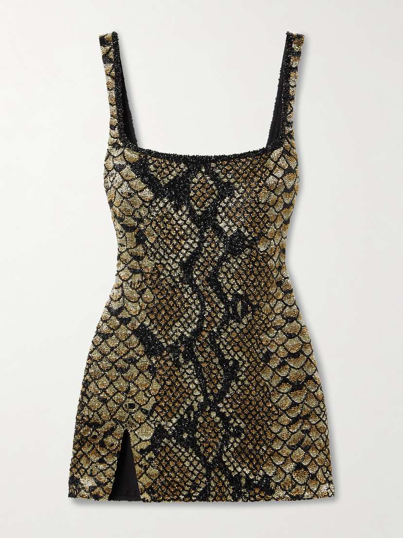 Clio Peppiatt Medusa Embellished Snake-print Stretch-mesh Mini Dress