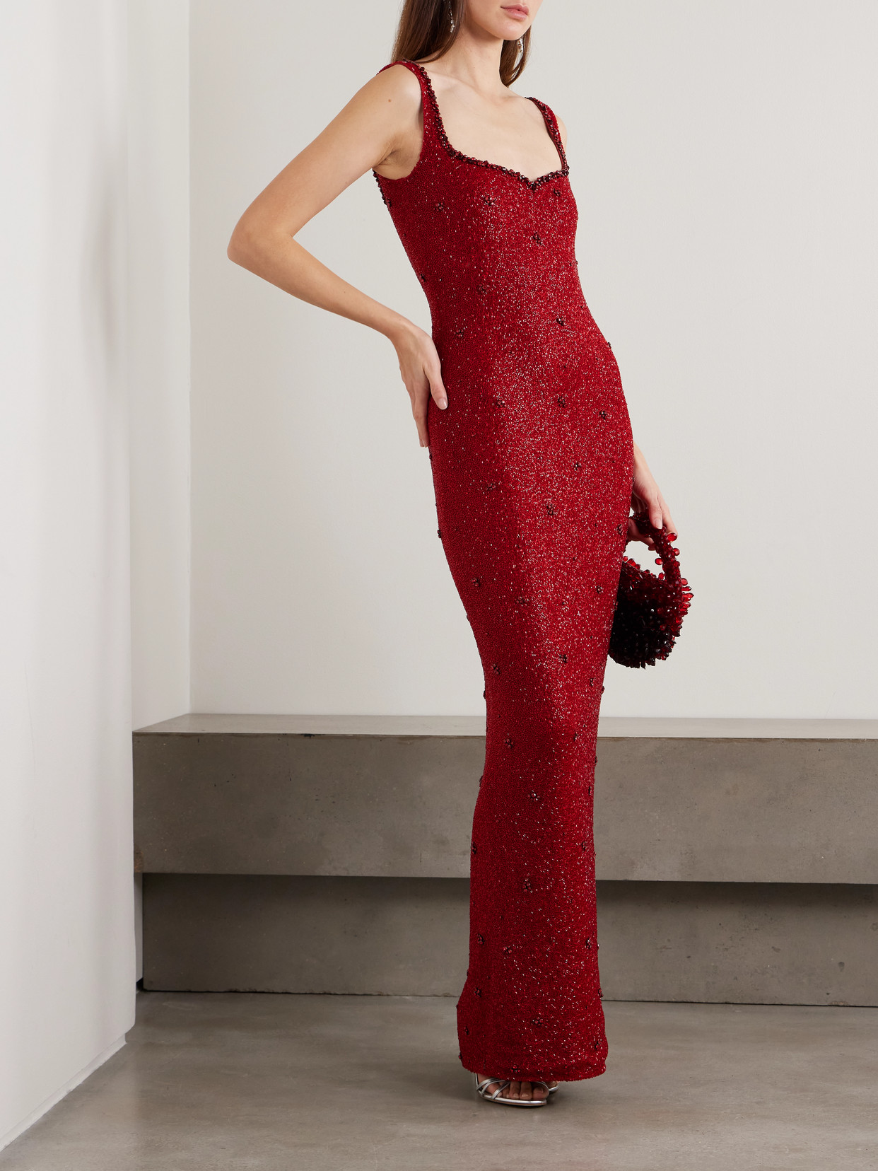 Clio Peppiatt Sophia Embellished Stretch-mesh Gown In Red