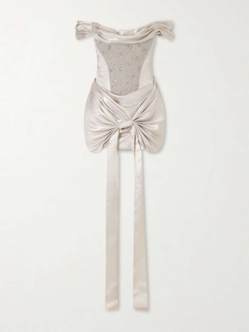 Clio Peppiatt Paloma Convertible Draped Embellished Satin Mini Dress