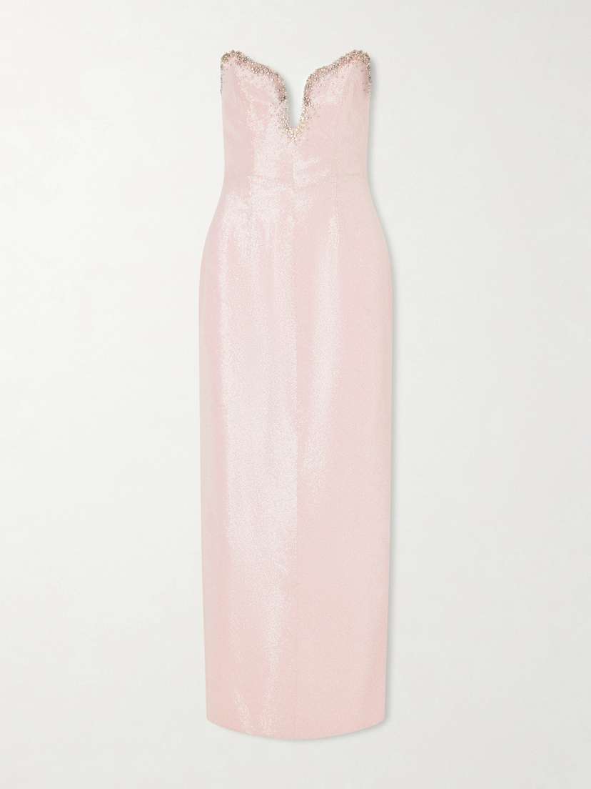 Clio Peppiatt Selene Embellished Scalloped Strapless Satin-crepe Gown