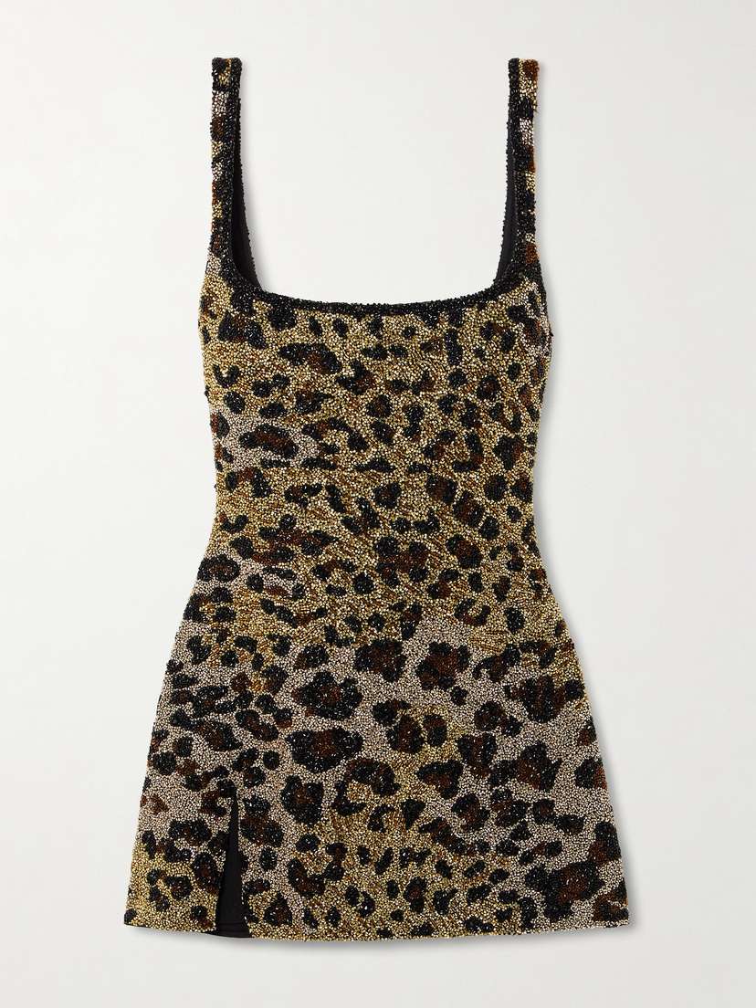 Clio Peppiatt Eartha Embellished Leopard-print Stretch-mesh Mini Dress