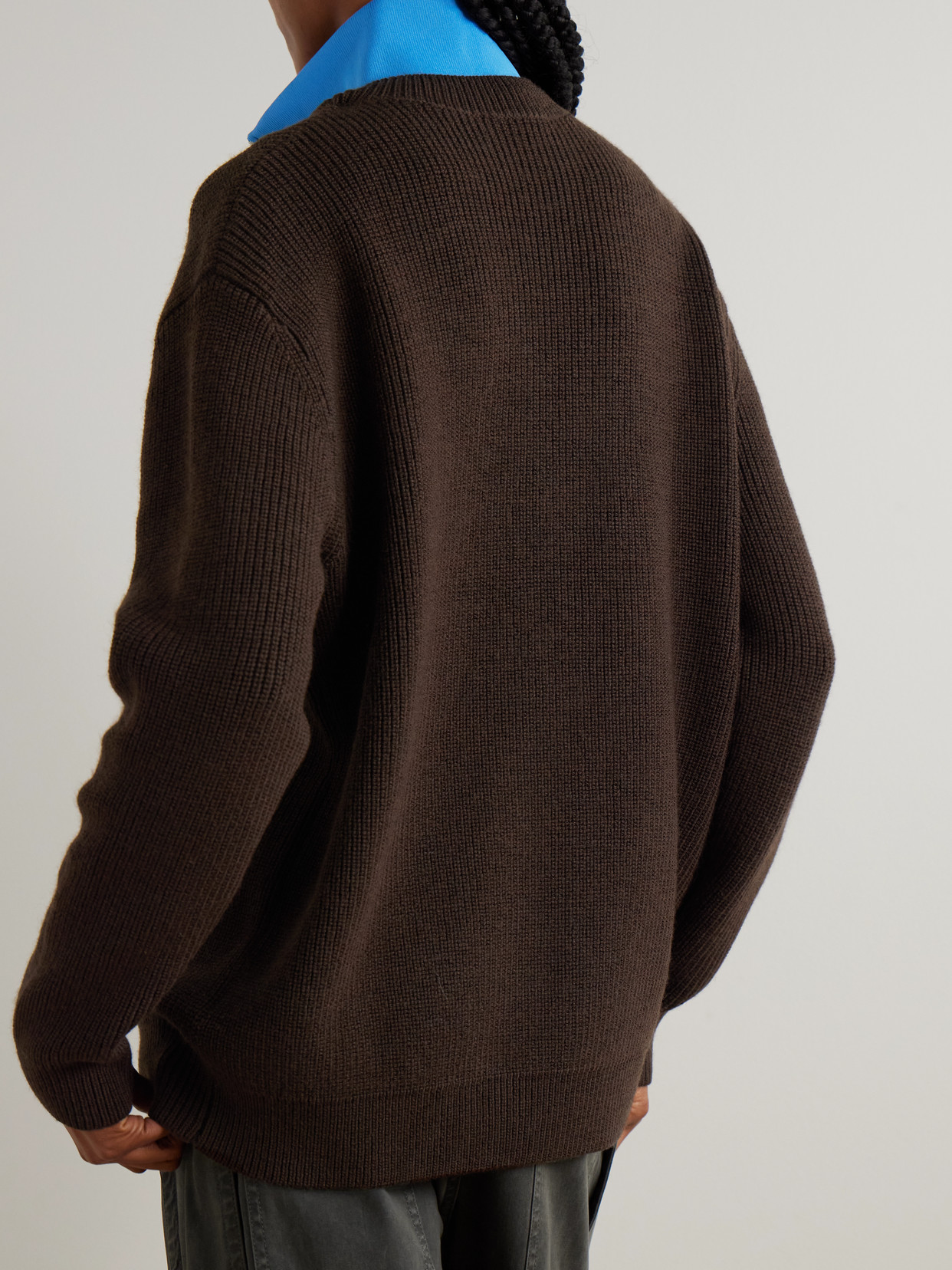 Tibi Layered Knit-trimmed Ribbed Wool-blend Half-zip Sweater In Brown