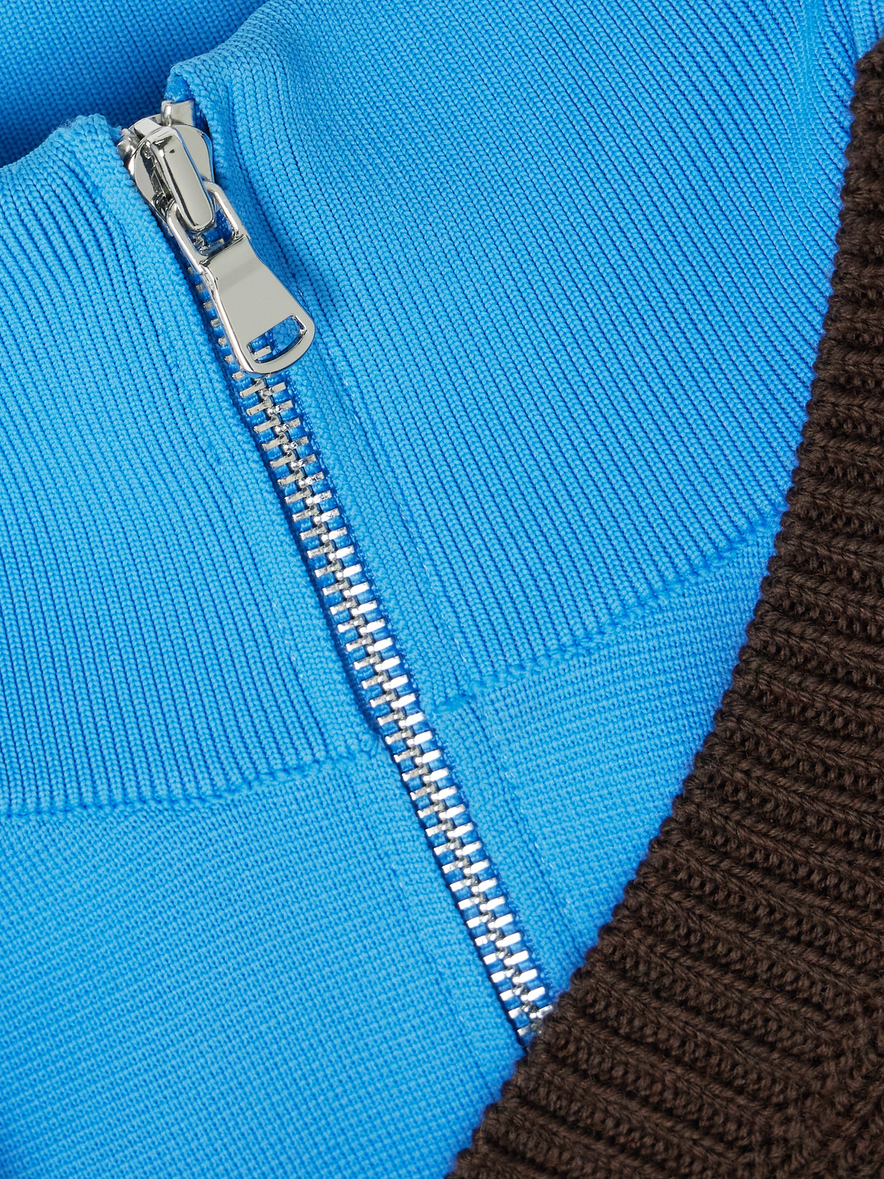 Tibi Layered Knit-trimmed Ribbed Wool-blend Half-zip Sweater In Brown