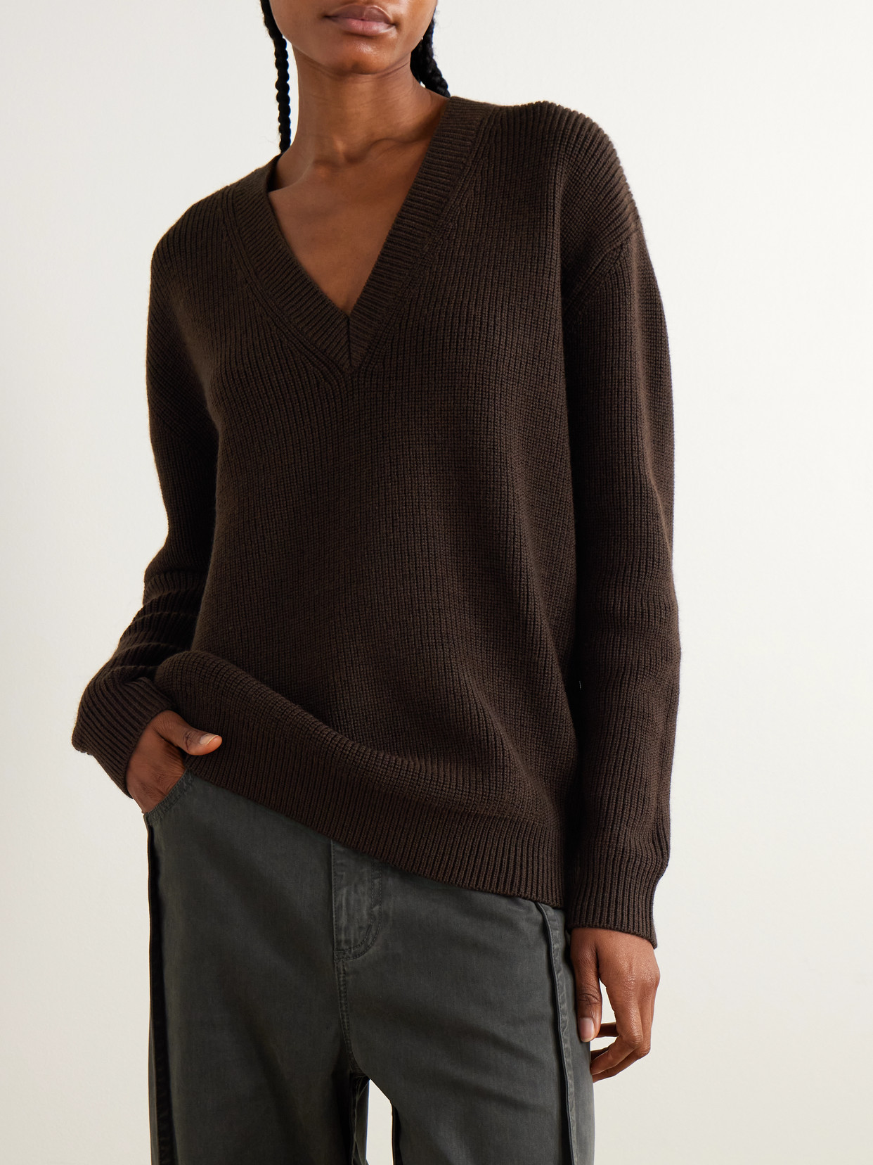 Tibi Layered Knit-trimmed Ribbed Wool-blend Half-zip Sweater In Brown