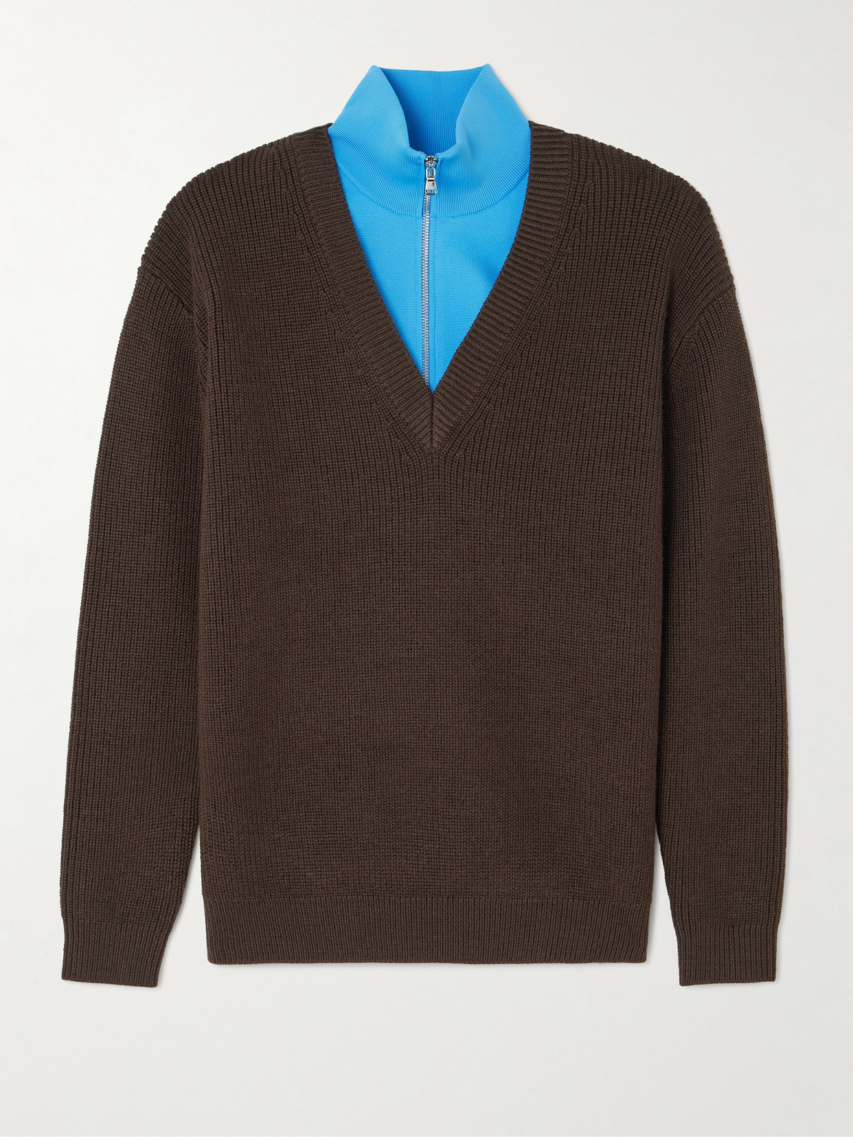 Tibi Layered Knit-trimmed Ribbed Wool-blend Half-zip Sweater In Brown