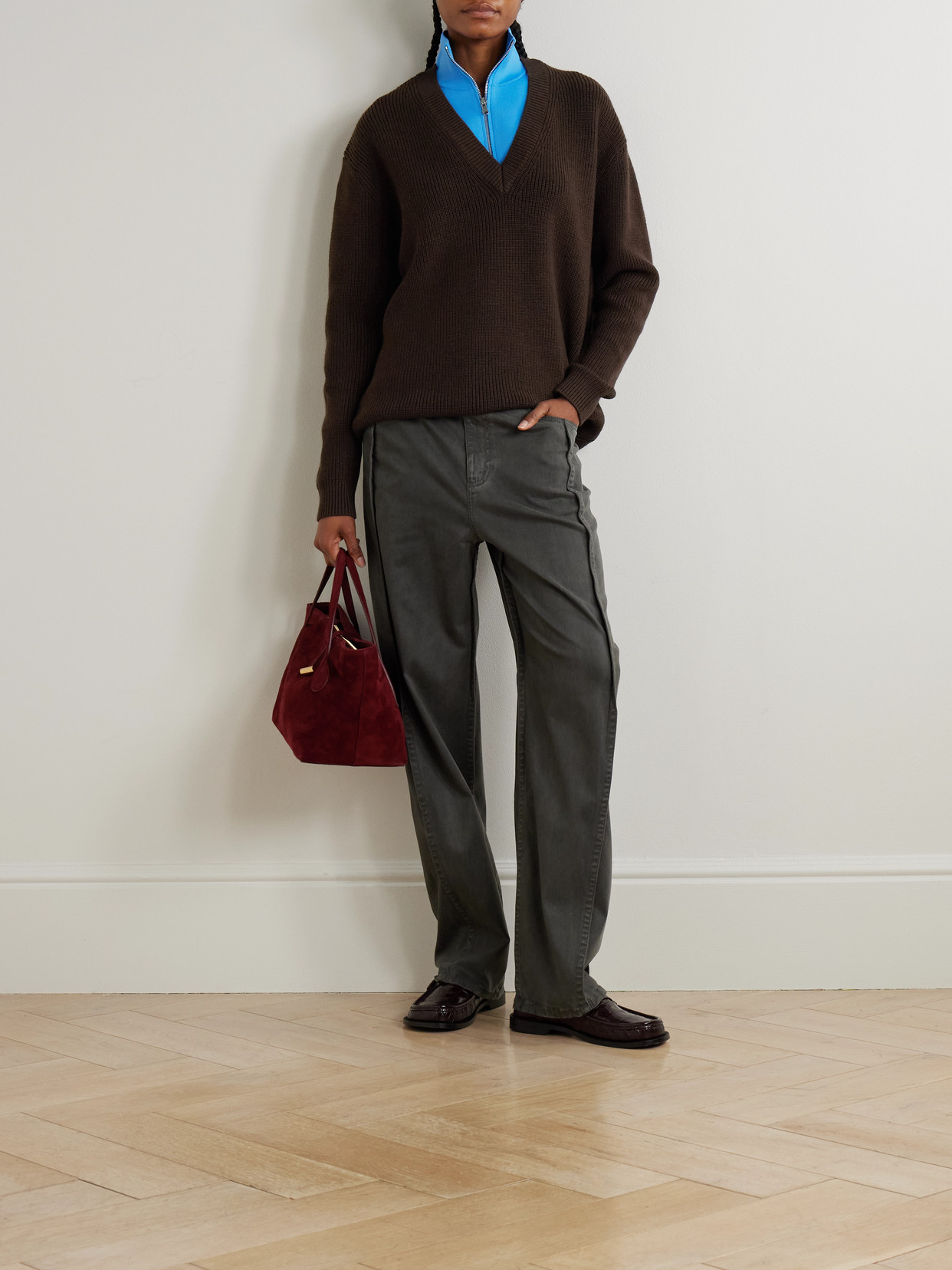 Tibi Layered Knit-trimmed Ribbed Wool-blend Half-zip Sweater In Brown