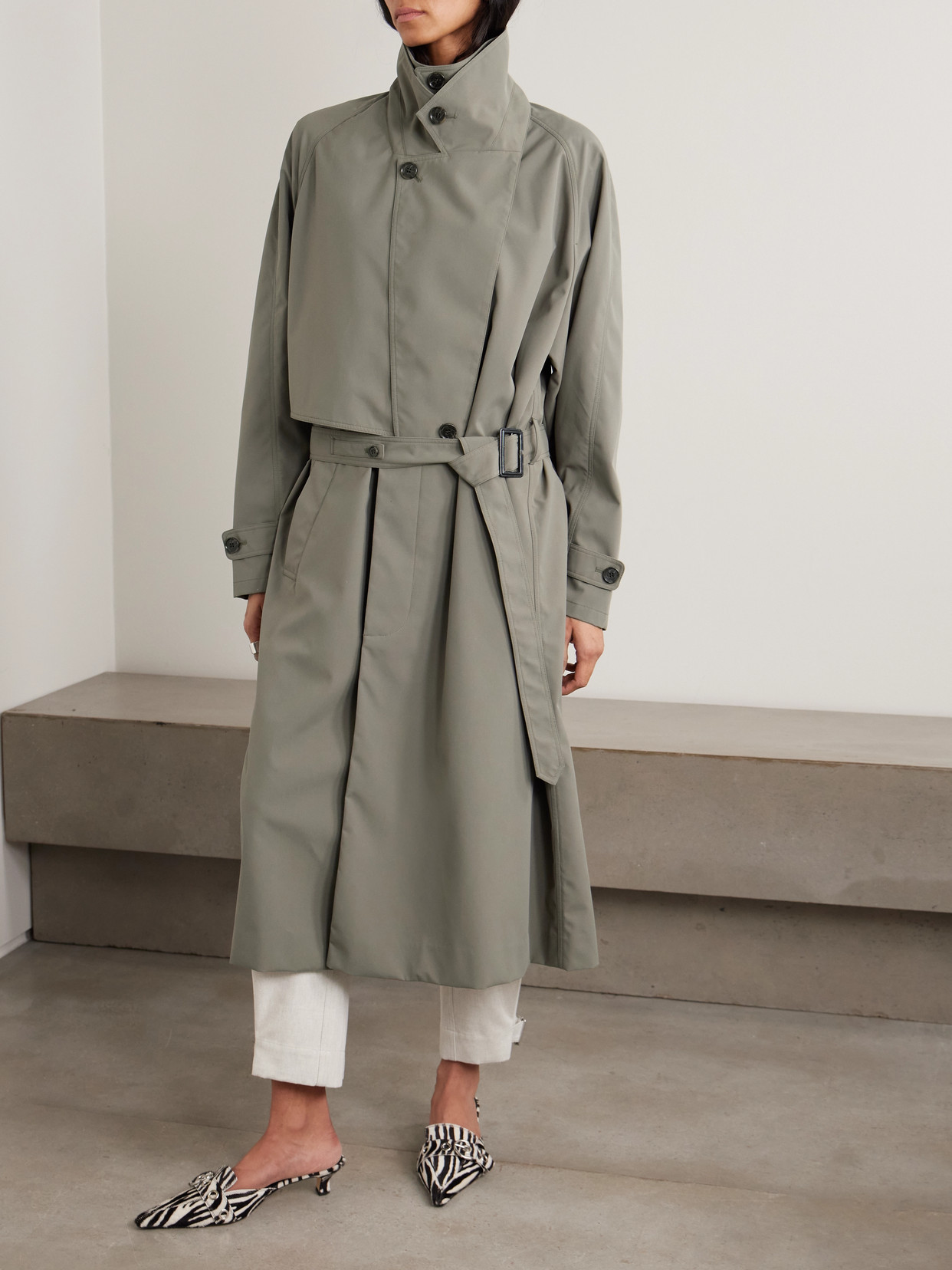 Tibi Frank Belted Layered Shell Trench Coat In Gray