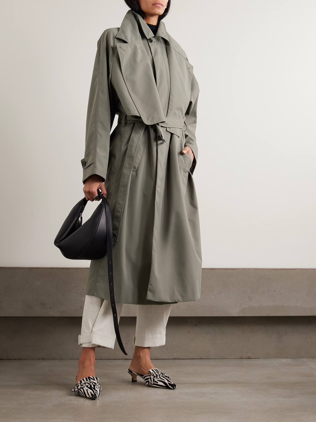 Tibi Frank Belted Layered Shell Trench Coat In Gray