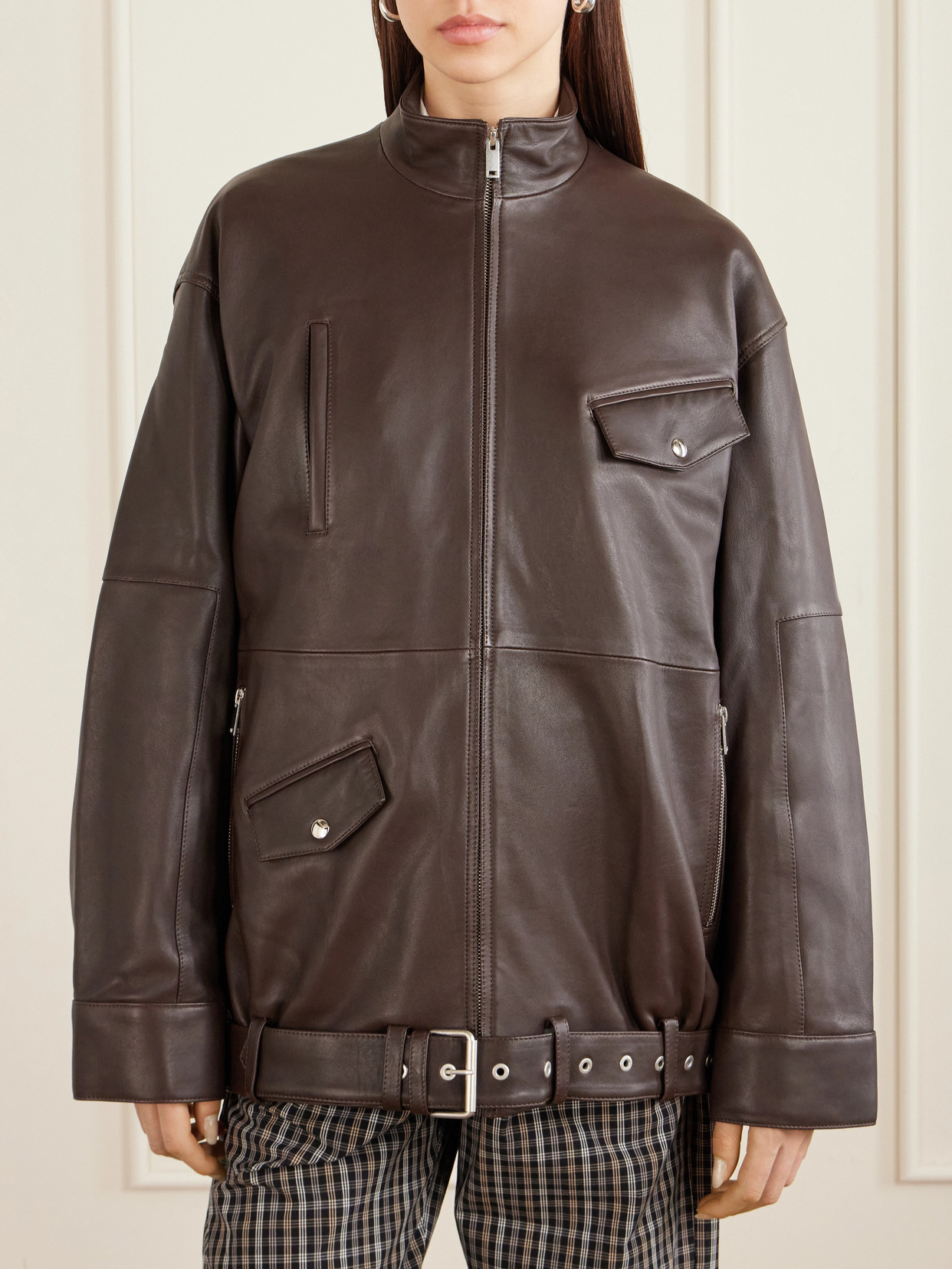 Tibi Belted Leather Bomber Jacket In Brown