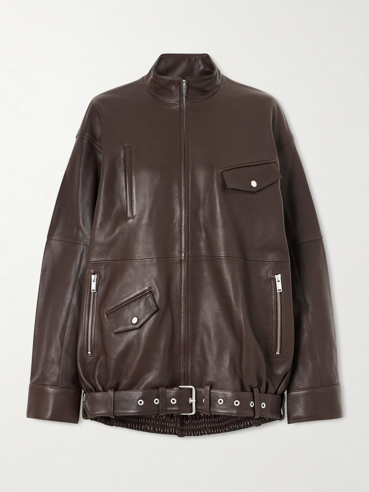Tibi Belted Leather Bomber Jacket In Brown