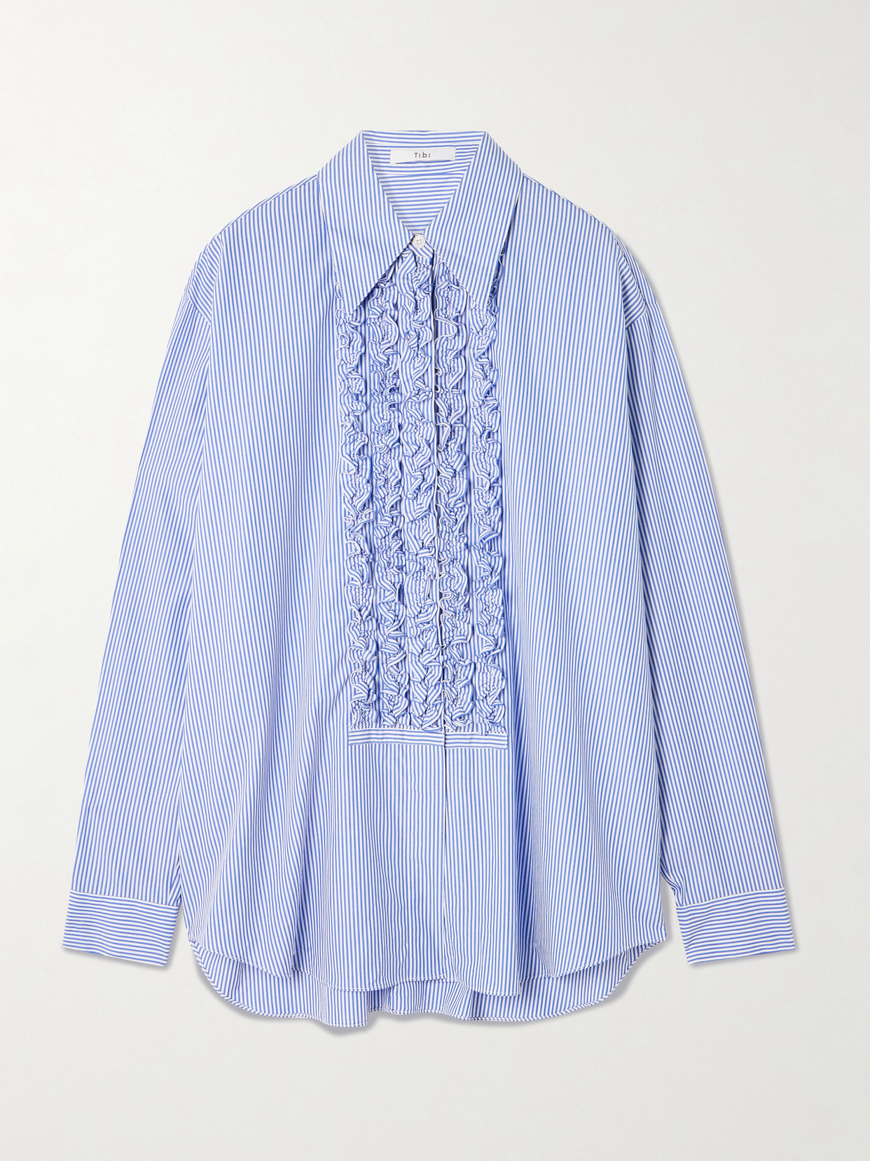 Tibi Ruffled Pinstriped Cotton-poplin Shirt In Blue