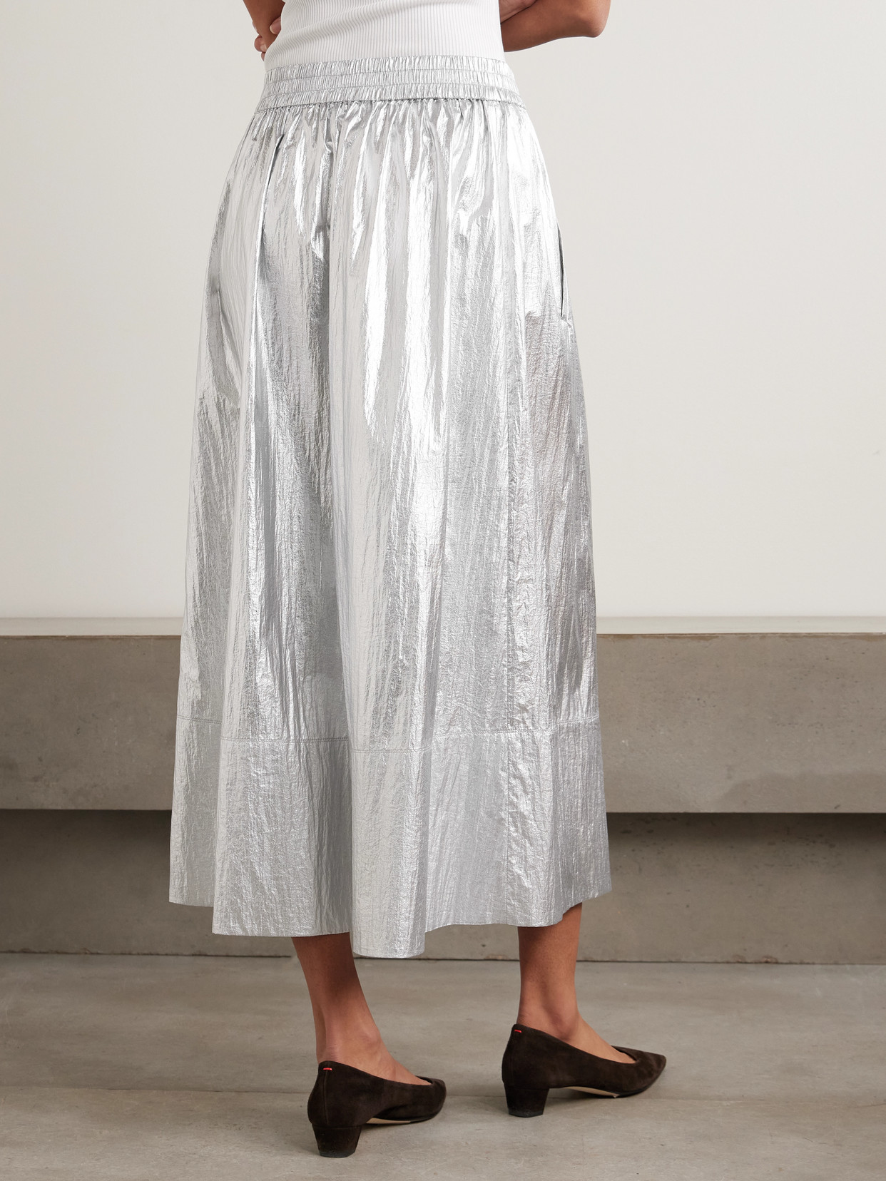 Tibi Metallic Shell Midi Skirt In Silver