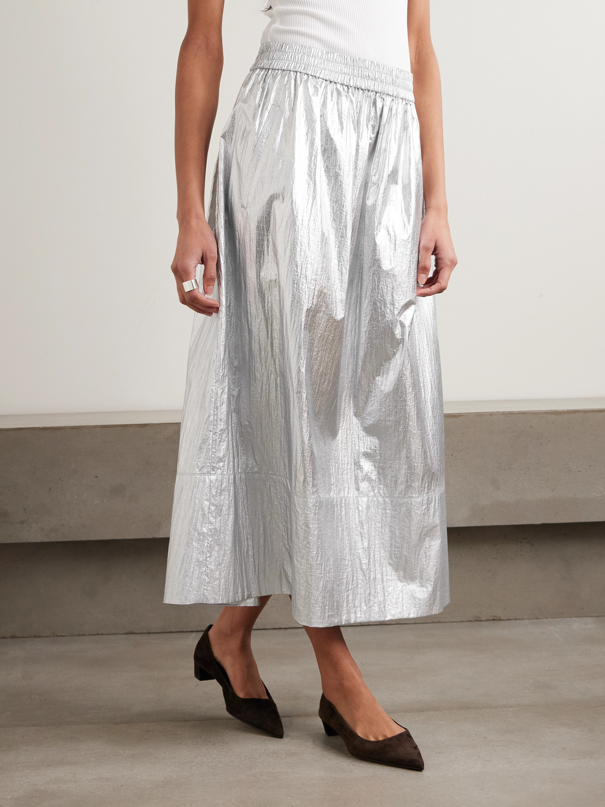 Tibi Metallic Shell Midi Skirt In Silver