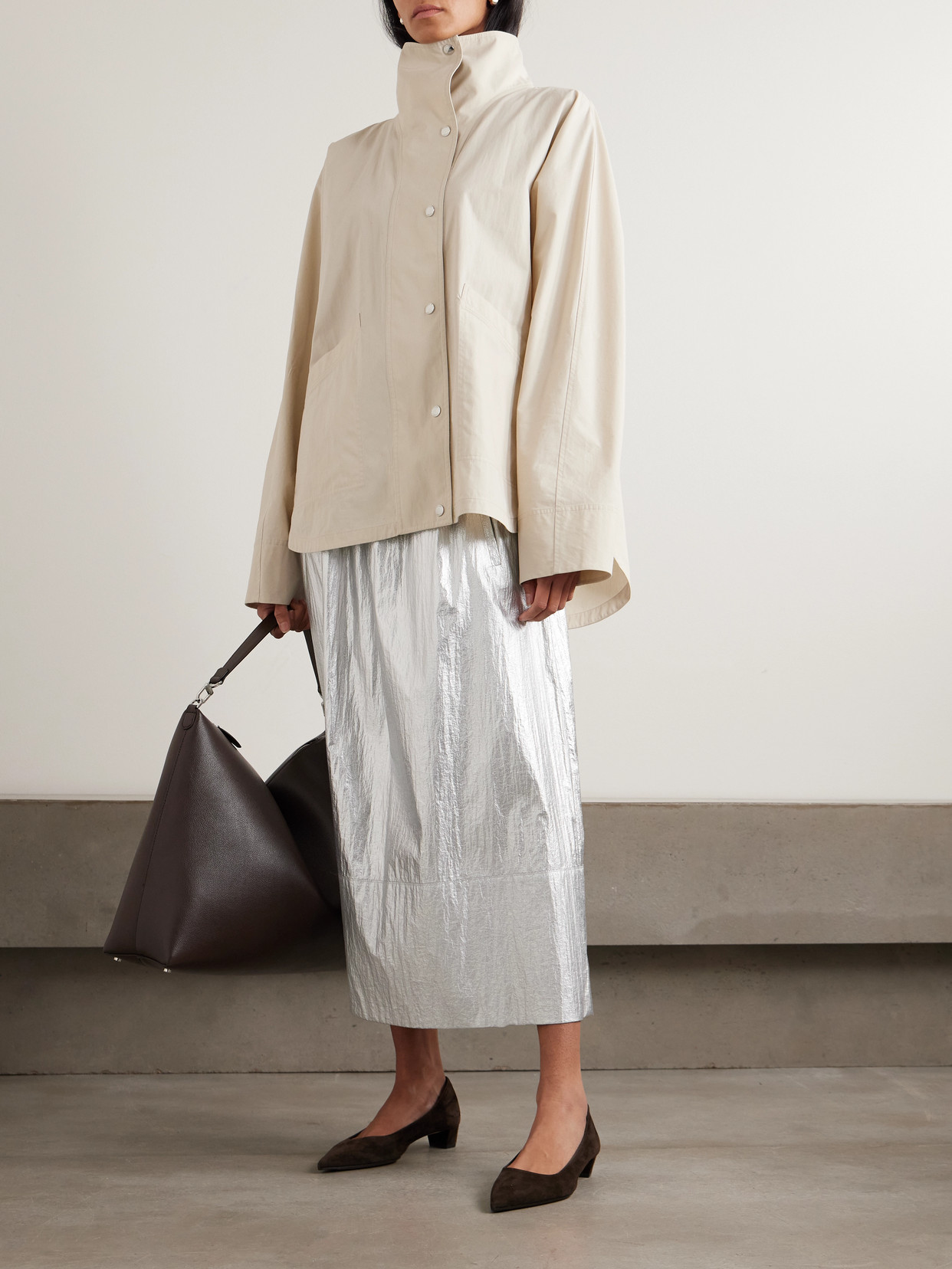 Tibi Metallic Shell Midi Skirt In Silver