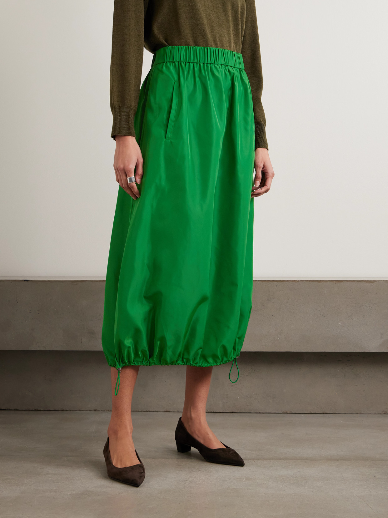 Tibi Gathered Shell Midi Skirt In Green