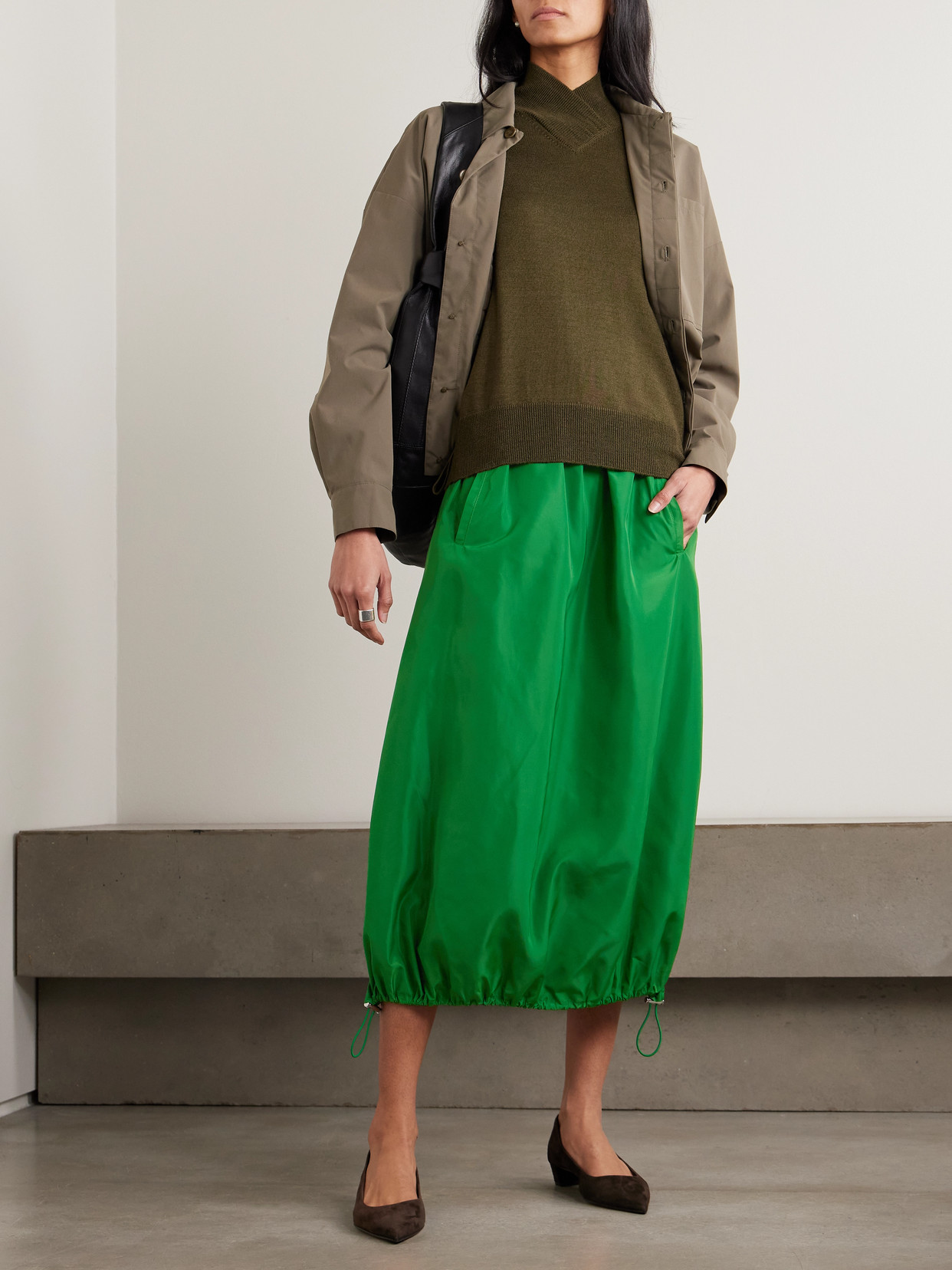 Tibi Gathered Shell Midi Skirt In Green