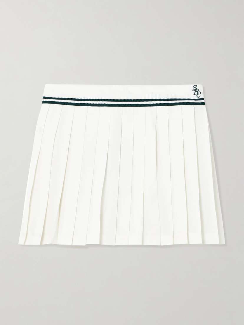 Sporty & Rich Abigail Pleated Embroidered Striped Crepe De Chine Mini Skirt