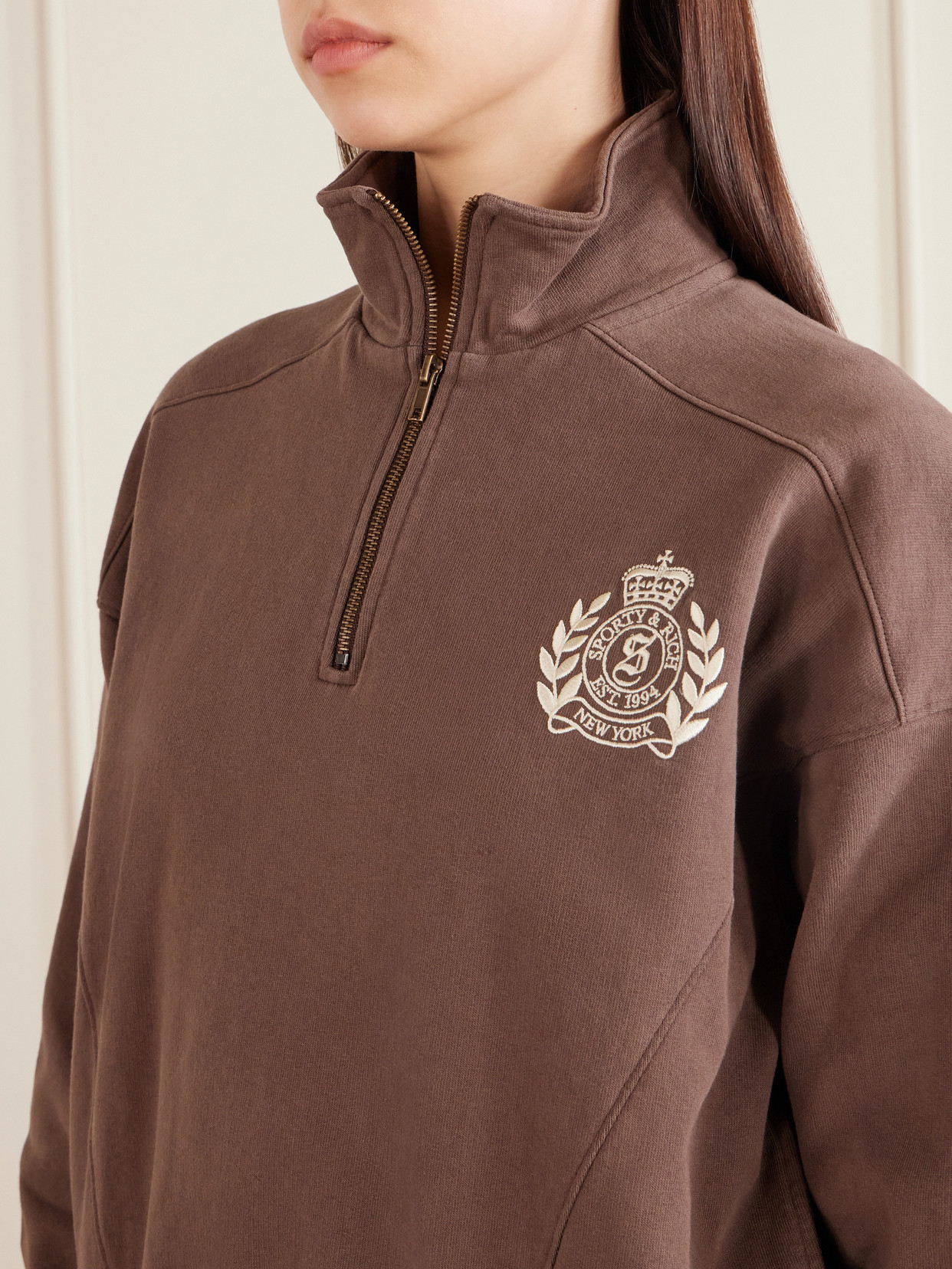 Sporty And Rich Embroidered Cotton-jersey Half-zip Sweatshirt In Burgundy