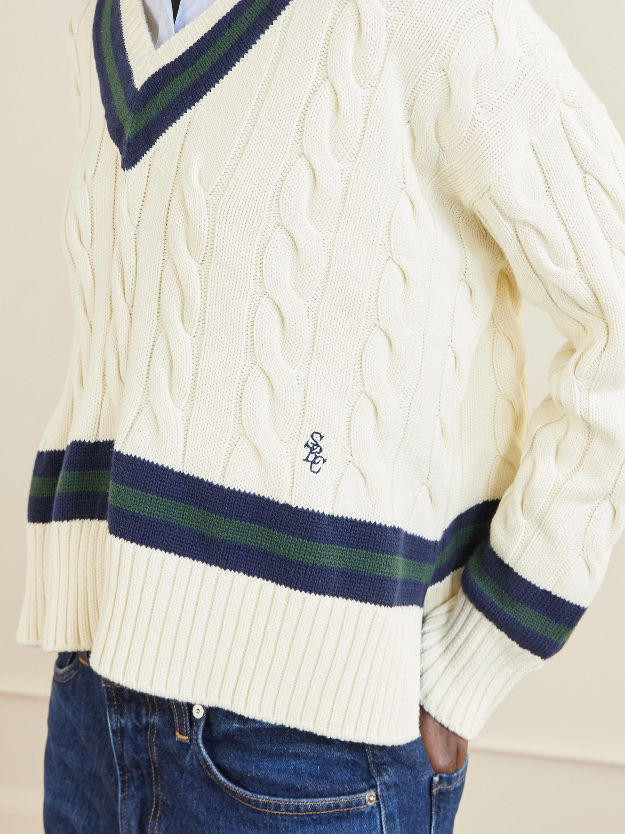 Striped Cable-Knit Cotton Sweater