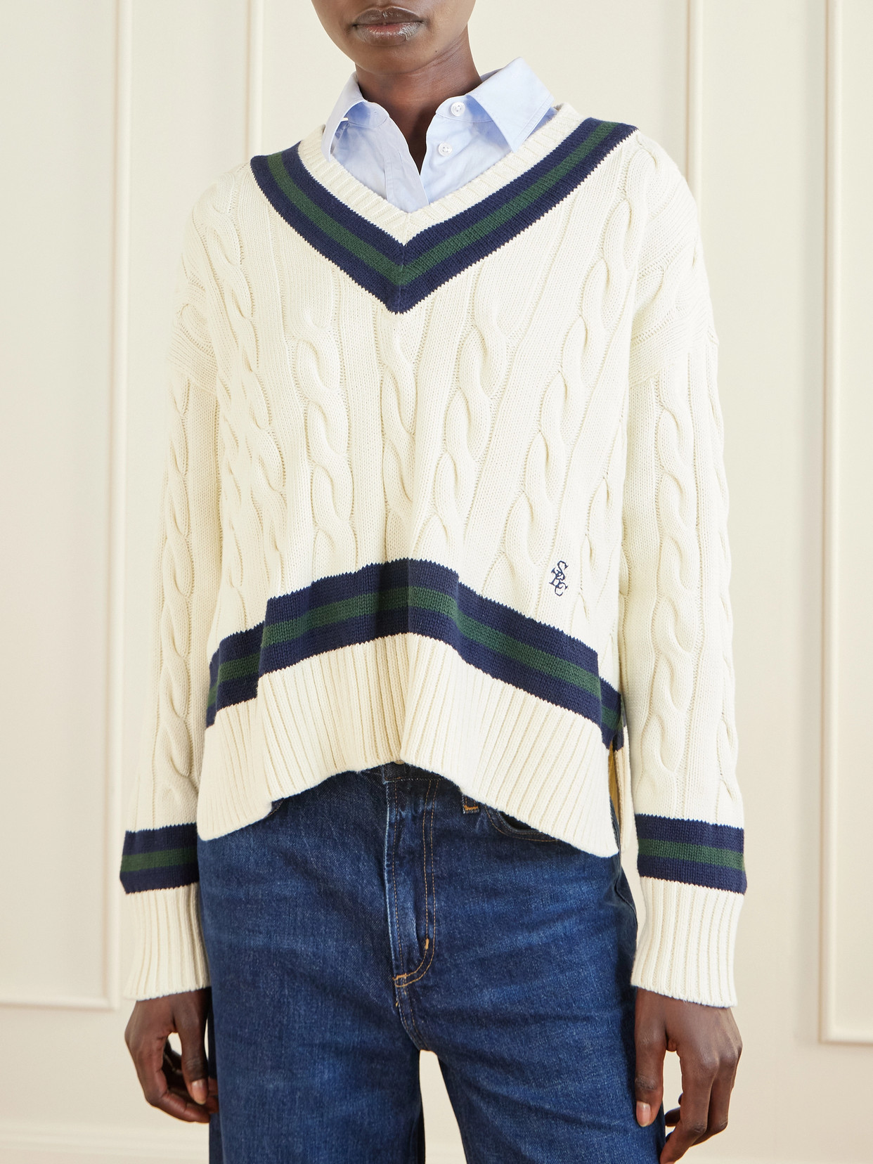 Striped Cable-Knit Cotton Sweater