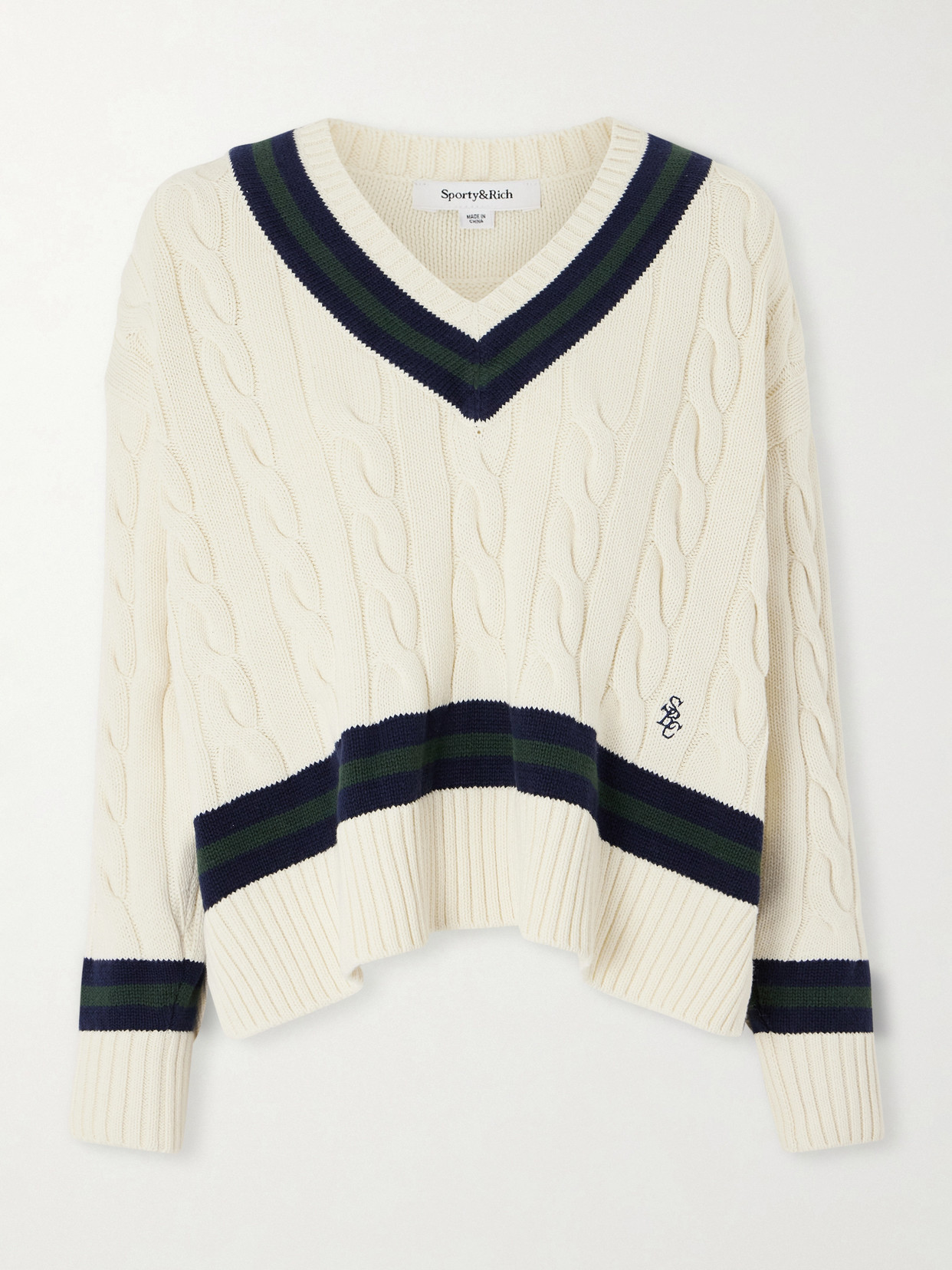 Sporty And Rich Striped Cable-knit Cotton Sweater In Neutral