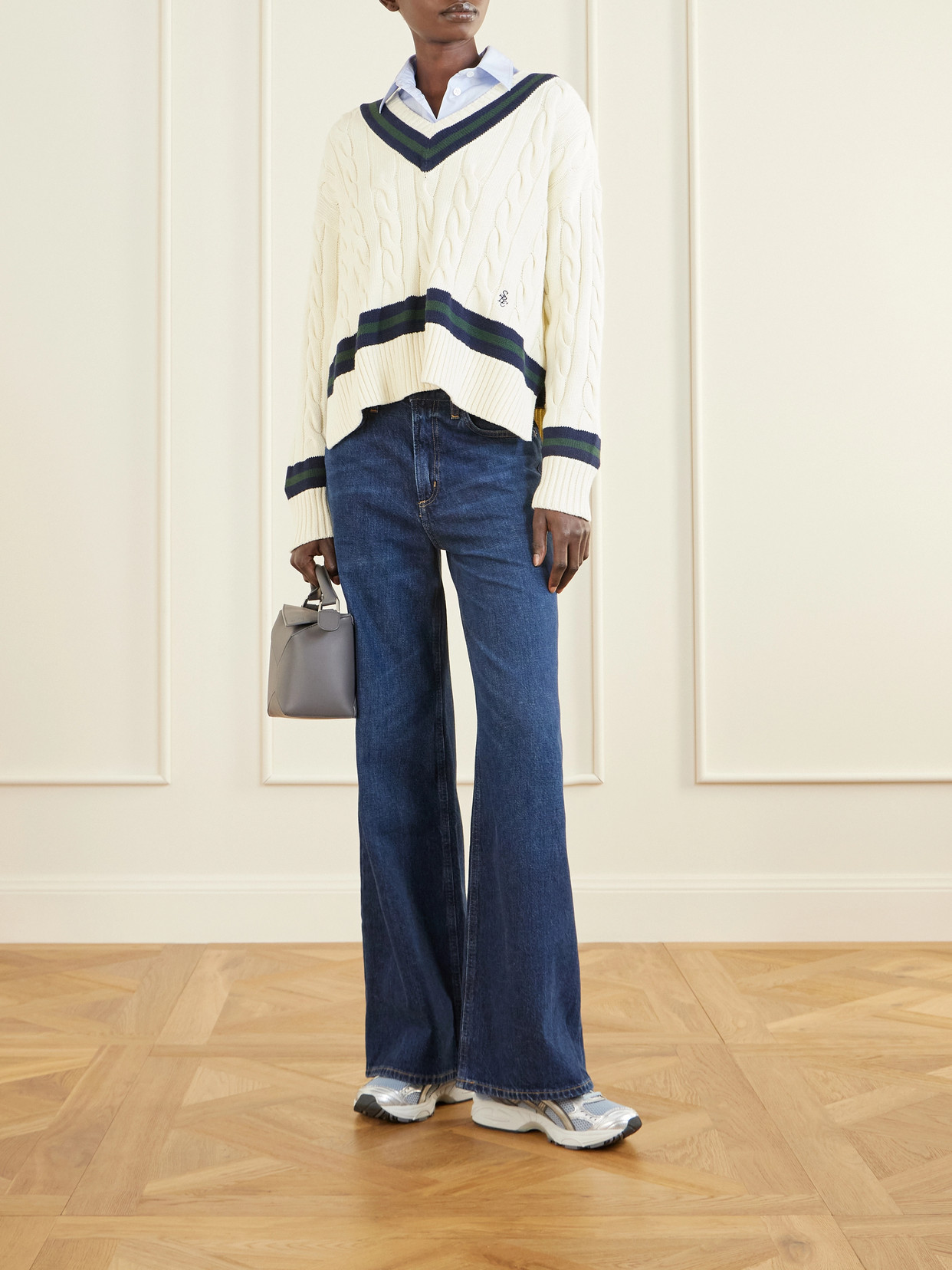 Striped Cable-Knit Cotton Sweater