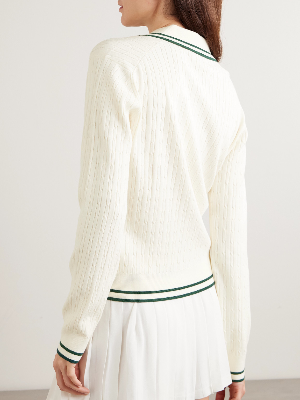 Striped Cable-Knit Polo Sweater