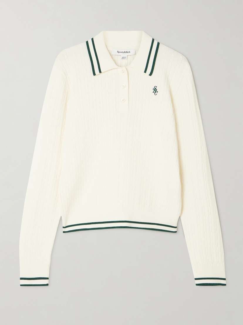 Sporty & Rich Embroidered Striped Cable-knit Polo Sweater