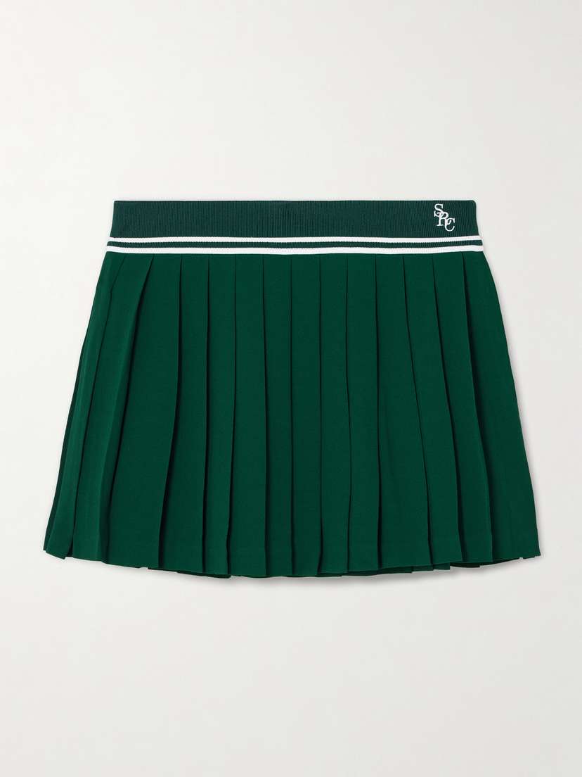 Sporty & Rich Abigail Pleated Embroidered Striped Crepe De Chine Mini Skirt