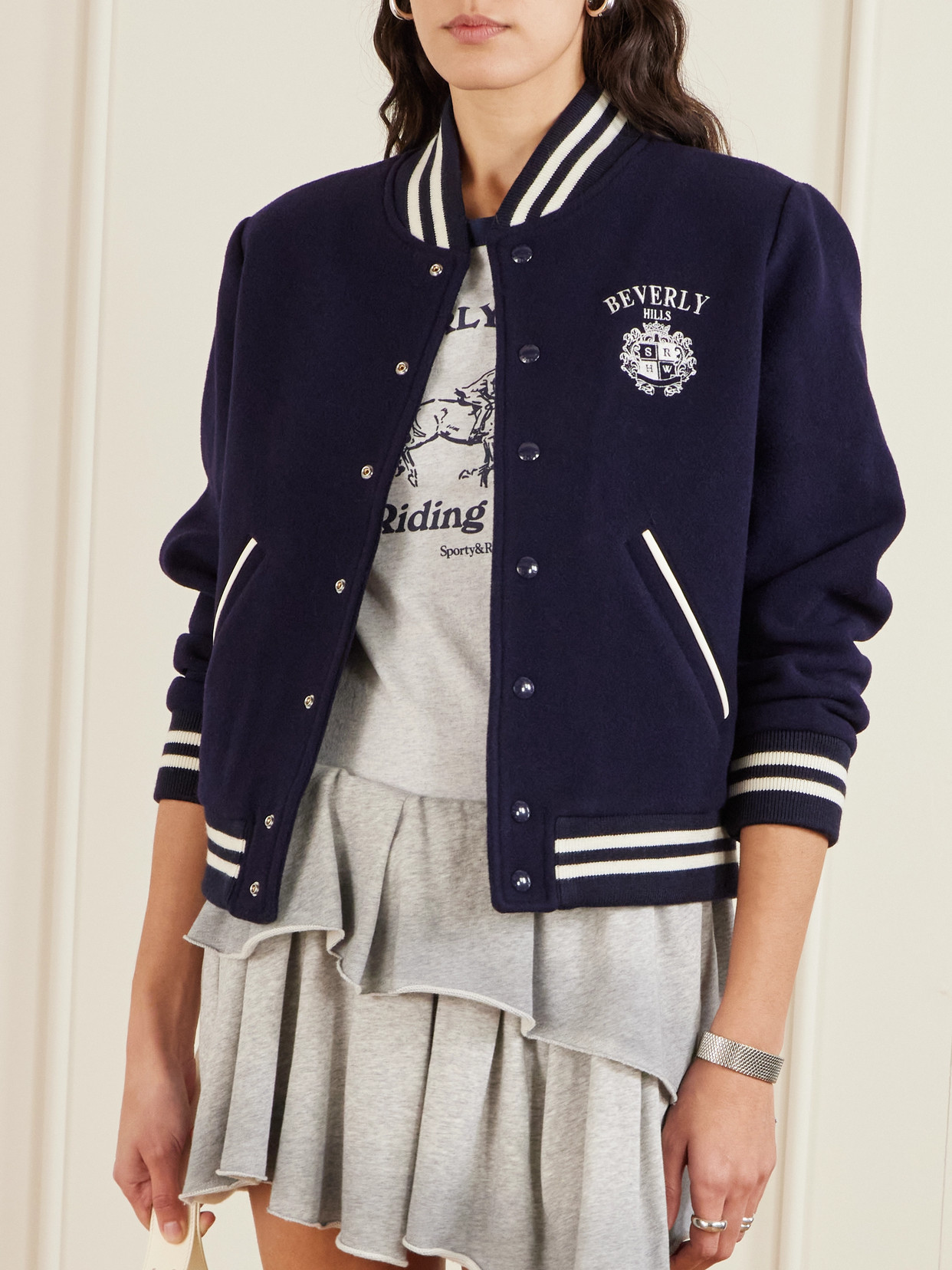 Sporty And Rich Beverly Hills Crest Embroidered Wool Varsity Jacket In Blue