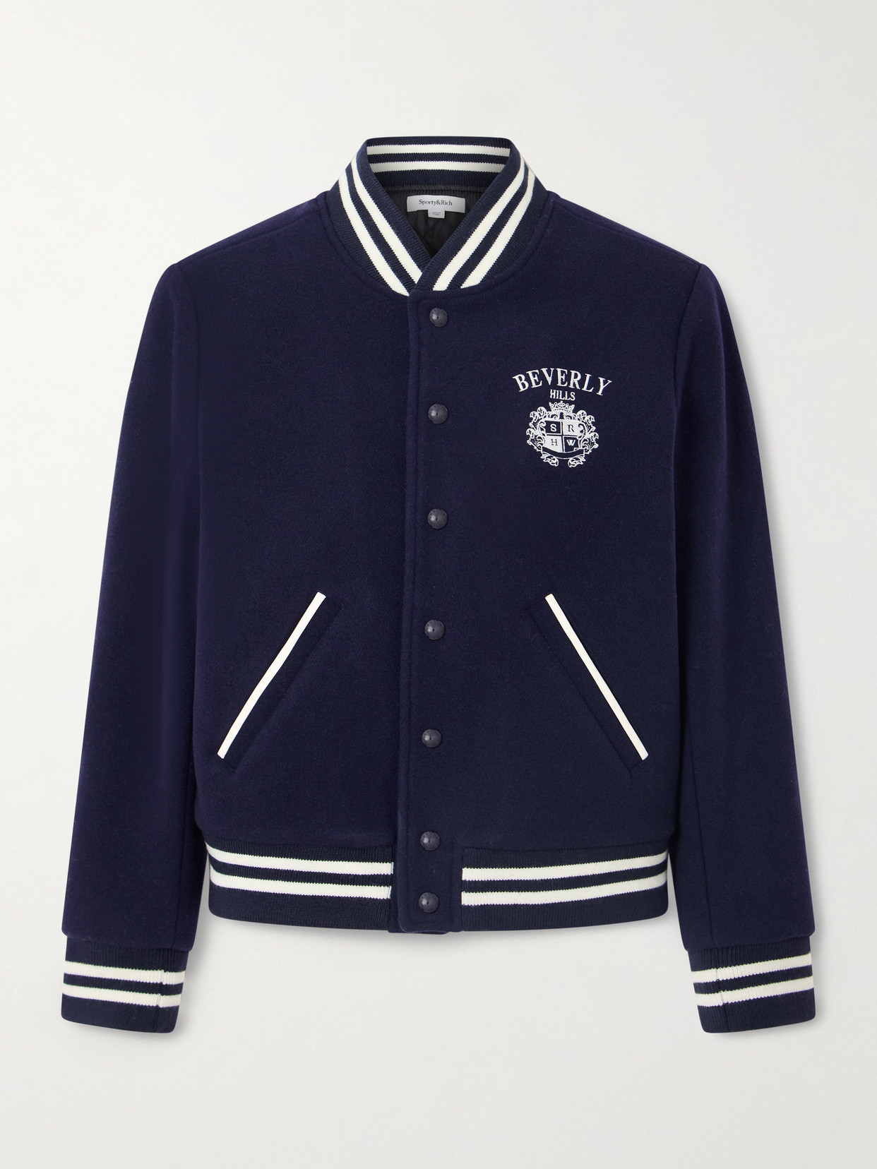 Sporty And Rich Beverly Hills Crest Embroidered Wool Varsity Jacket In Blue