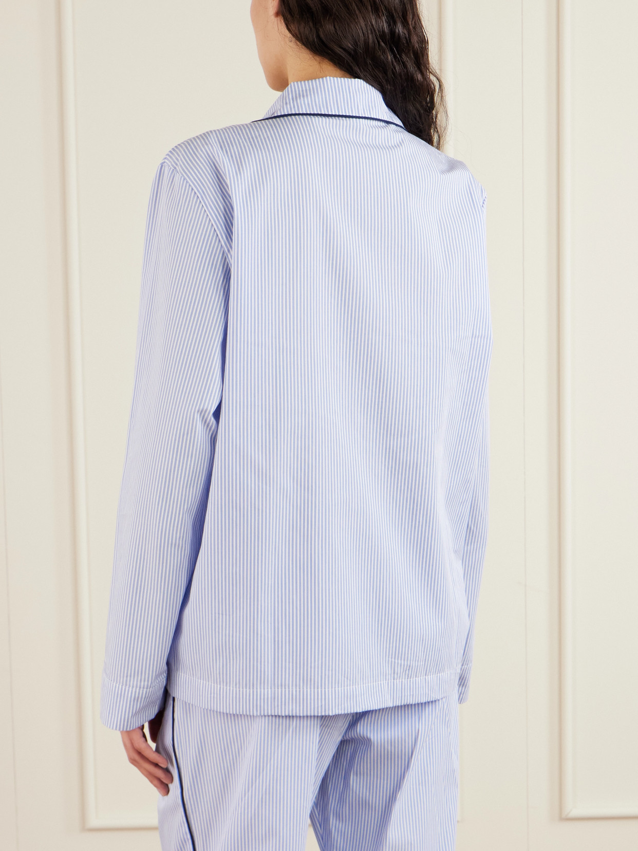 Sporty And Rich Embroidered Striped Cotton-poplin Pajama Shirt In Blue