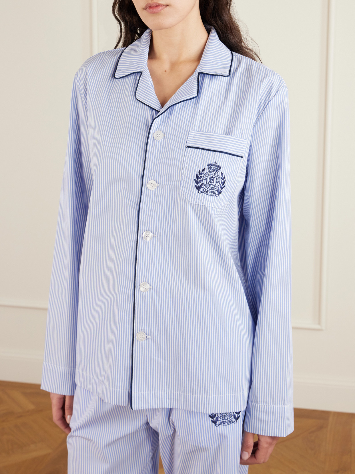 Sporty And Rich Embroidered Striped Cotton-poplin Pajama Shirt In Blue
