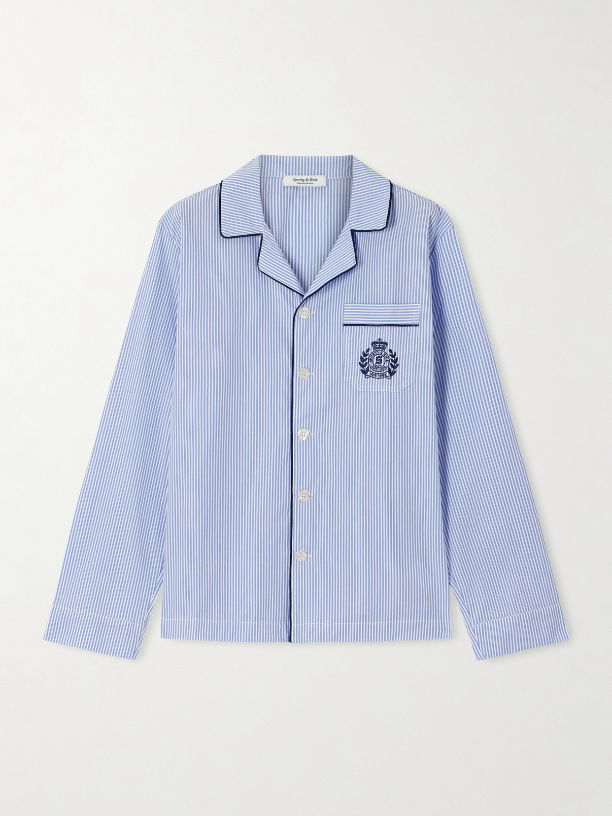 Sporty And Rich Embroidered Striped Cotton-poplin Pajama Shirt In Blue