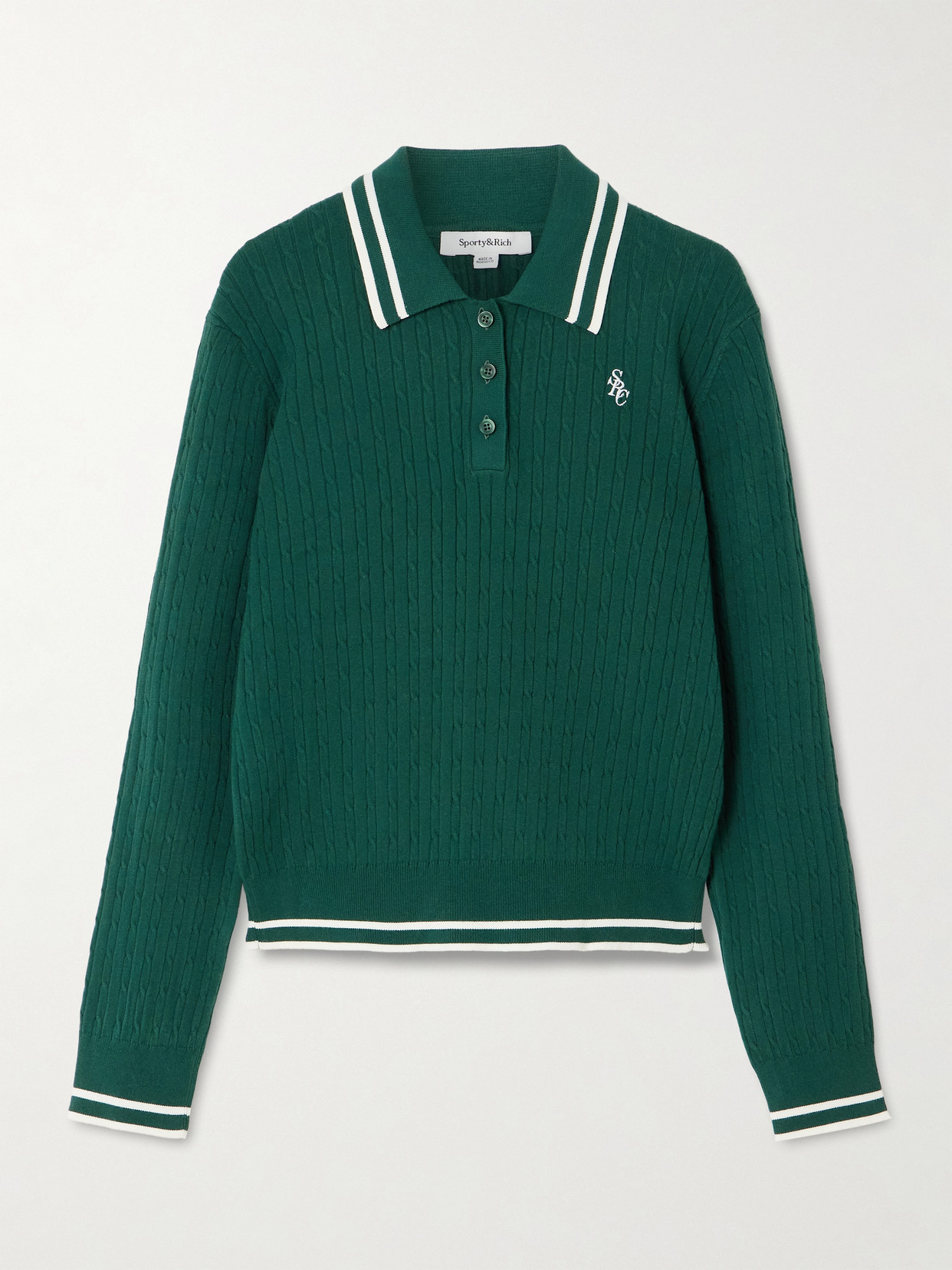 Sporty And Rich Embroidered Striped Cable-knit Polo Shirt In Green