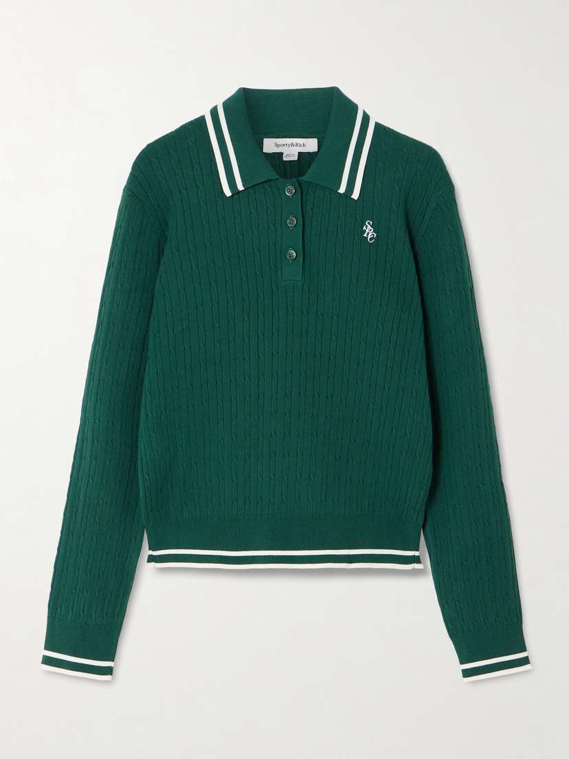 Sporty & Rich Embroidered Striped Cable-knit Polo Shirt