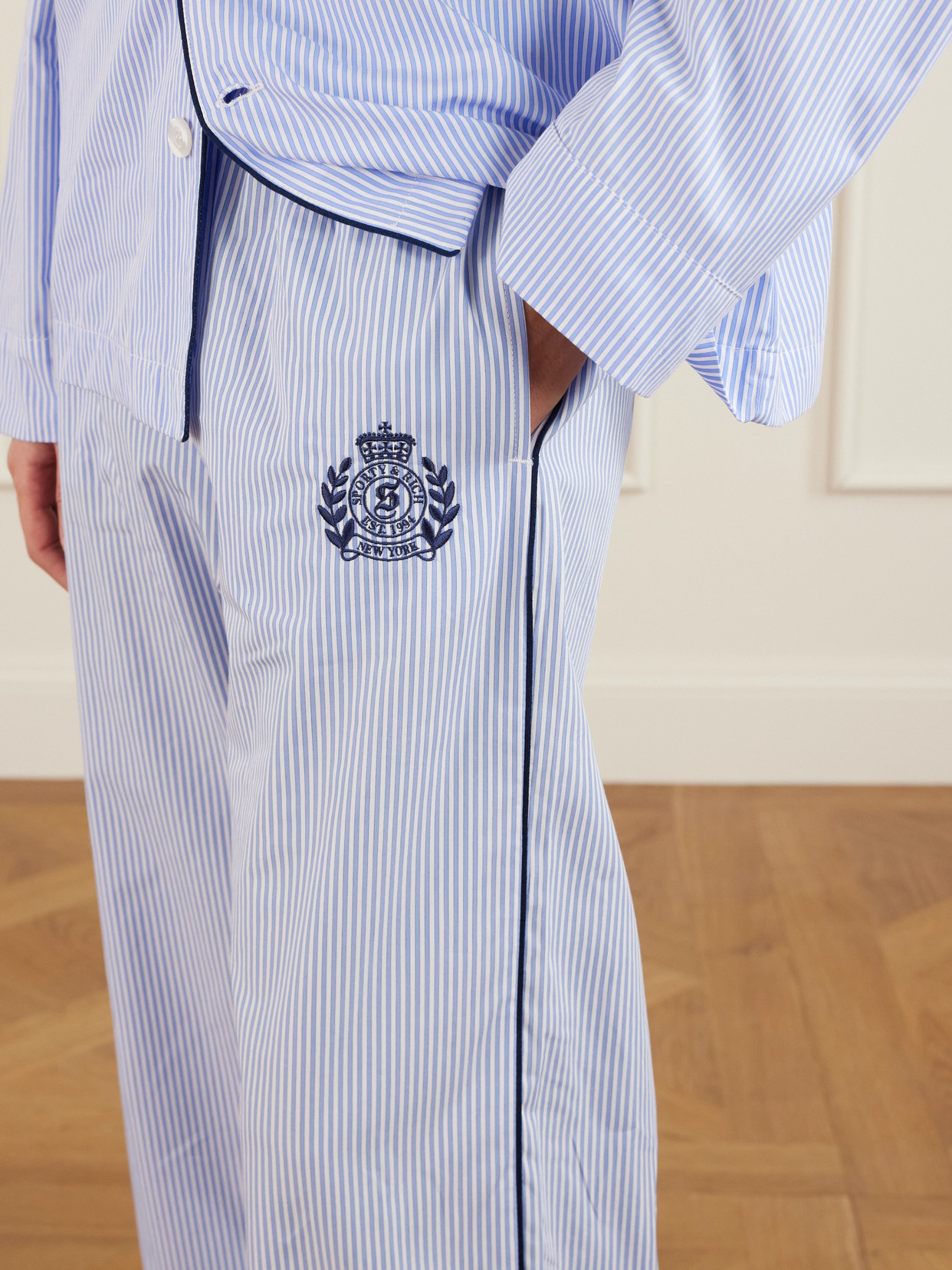 Sporty And Rich Embroidered Striped Cotton-poplin Pajama Pants In Blue