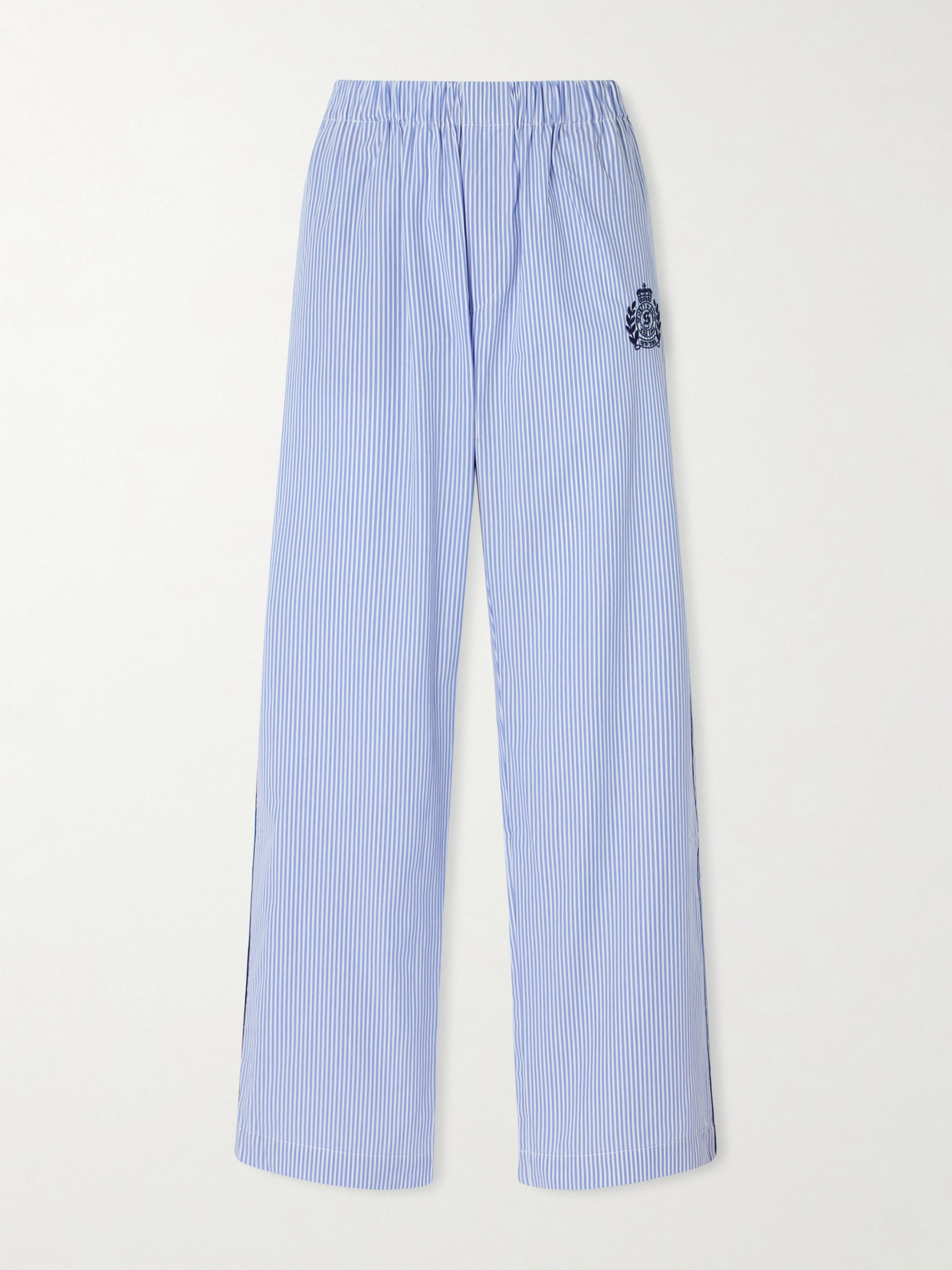 Sporty And Rich Embroidered Striped Cotton-poplin Pajama Pants In Blue