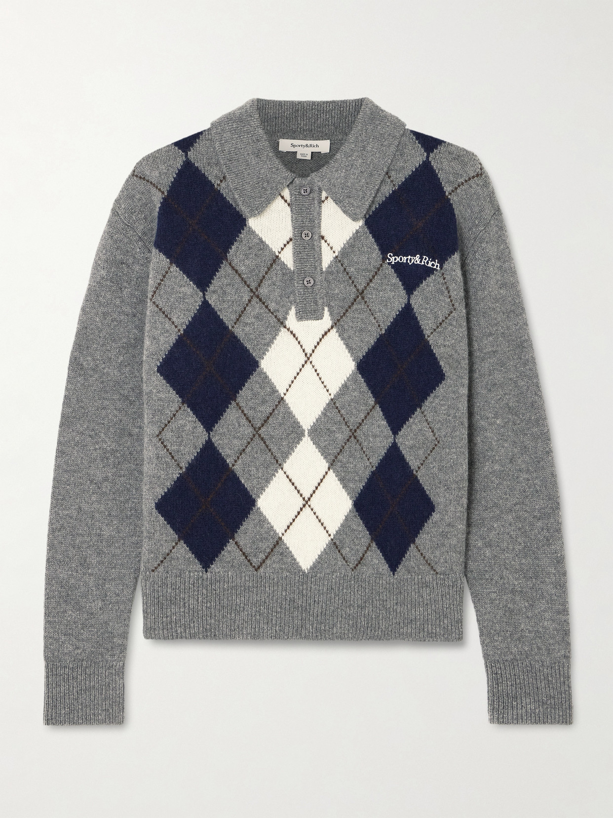 Sporty And Rich Embroidered Argyle Cashmere And Wool-blend Polo Sweater In Gray