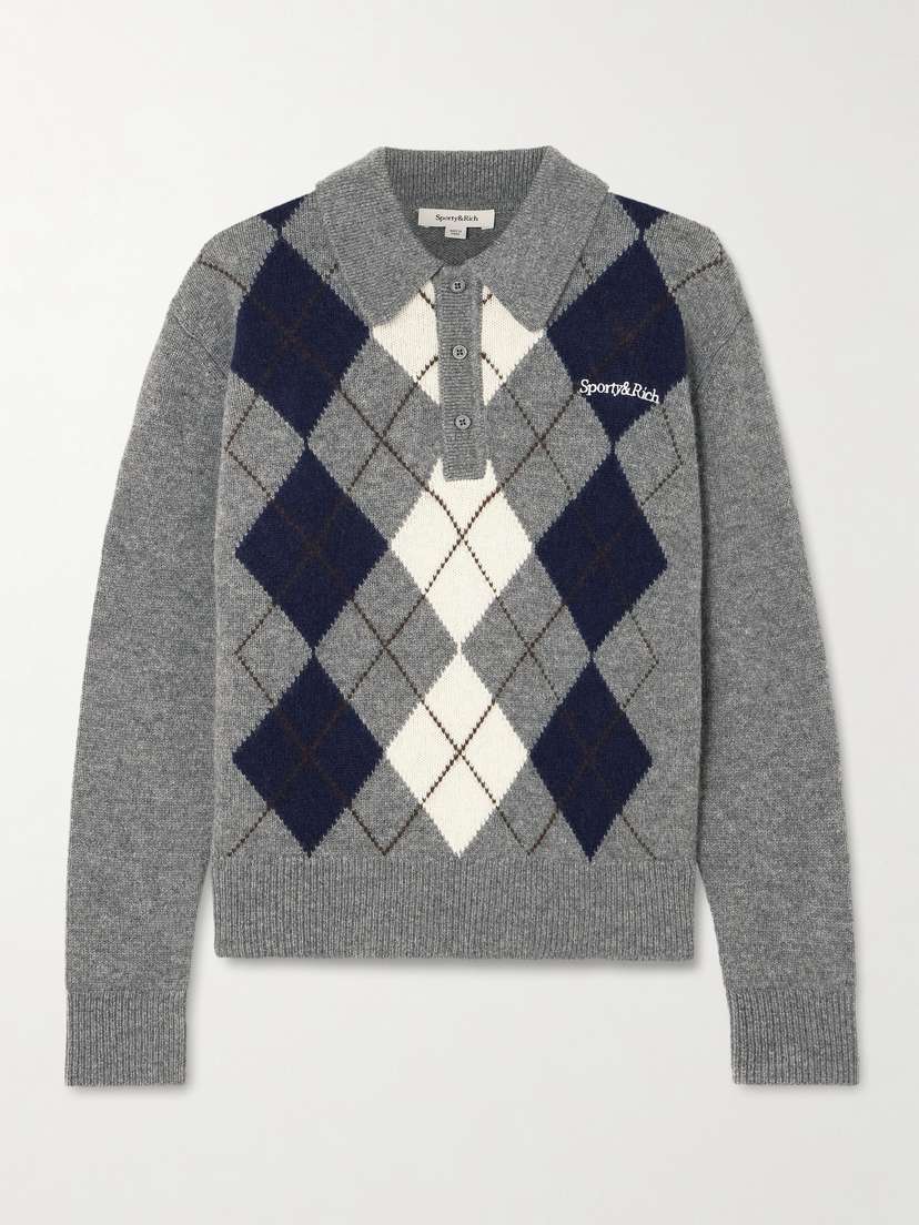 Sporty & Rich Embroidered Argyle Cashmere And Wool-blend Polo Sweater