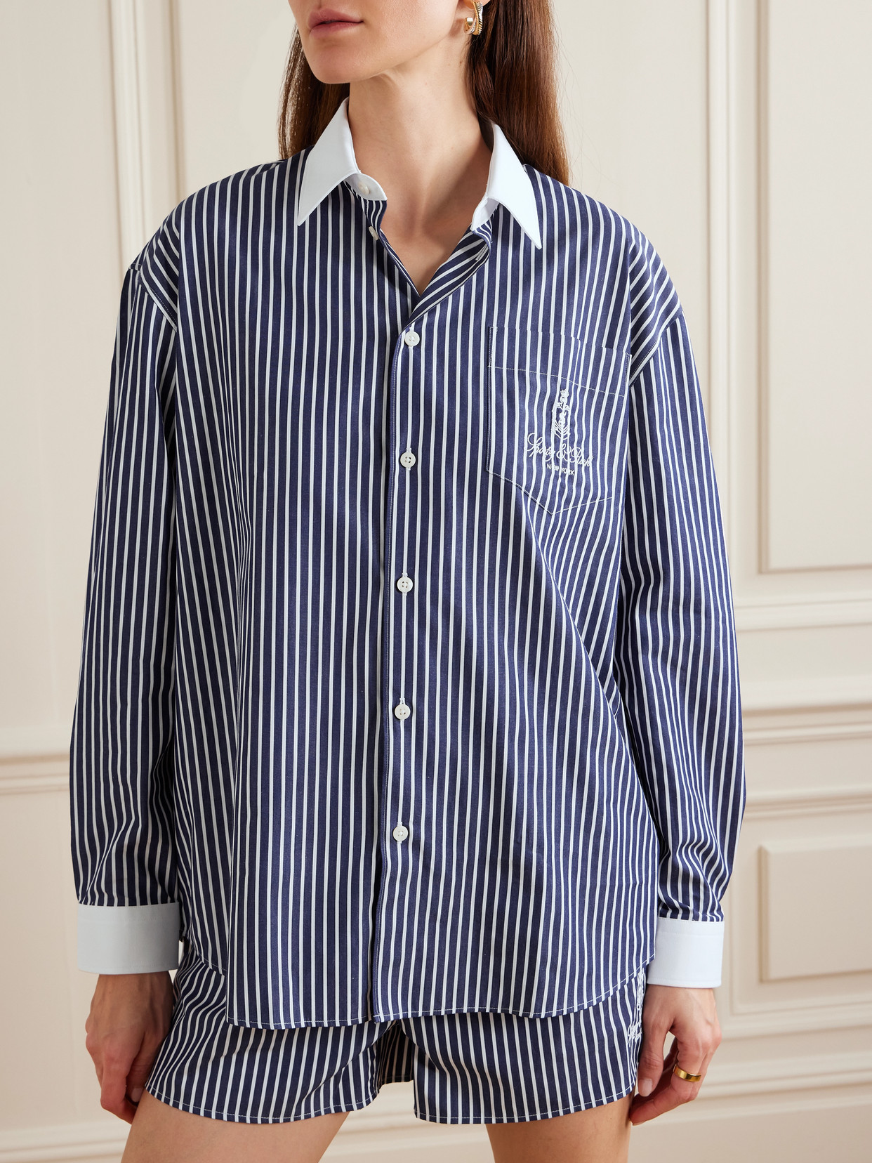 Vendome Oversized Embroidered Striped Cotton Oxford Shirt
