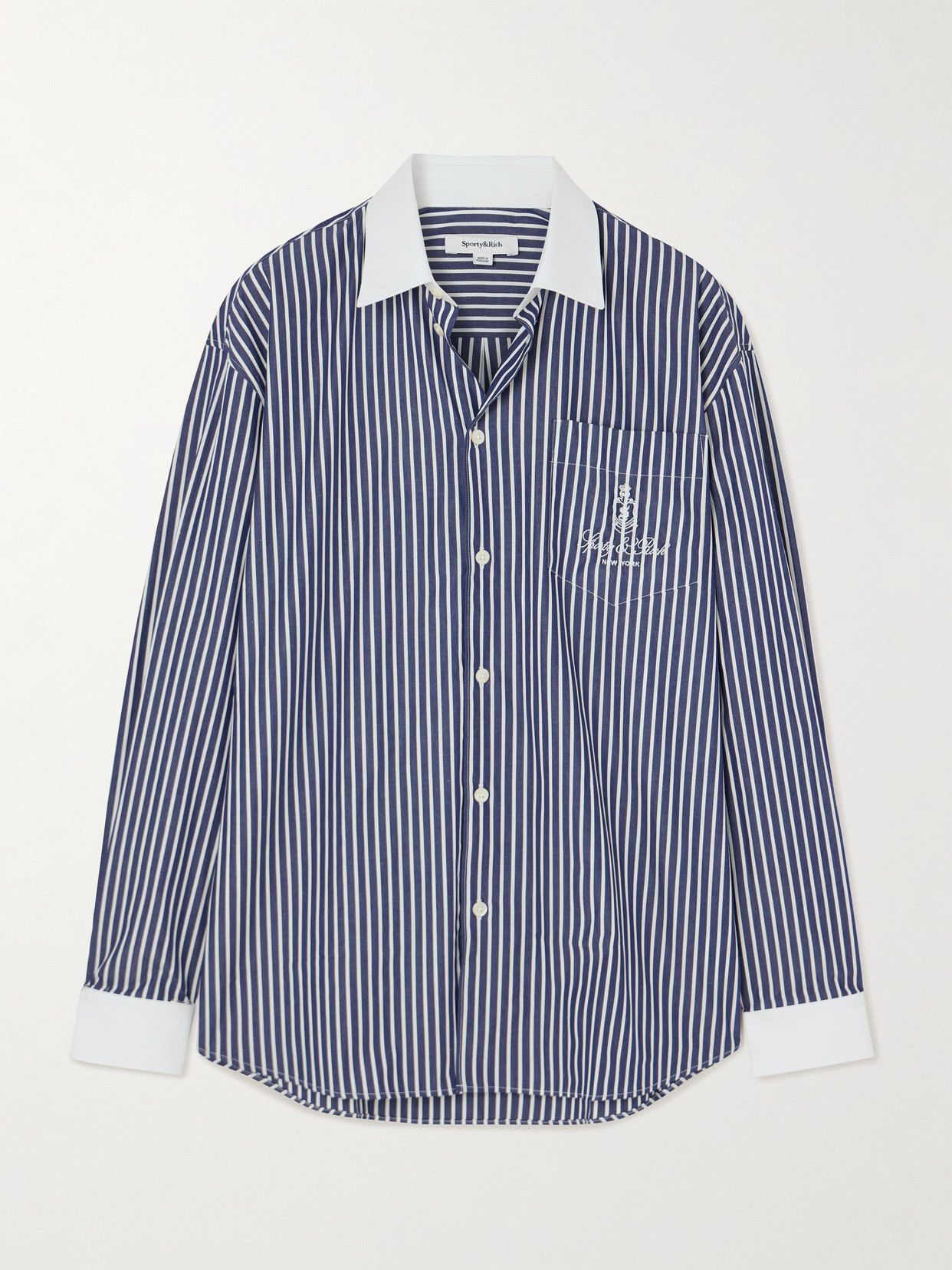 Sporty And Rich Vendome Oversized Embroidered Striped Cotton Oxford Shirt In Blue