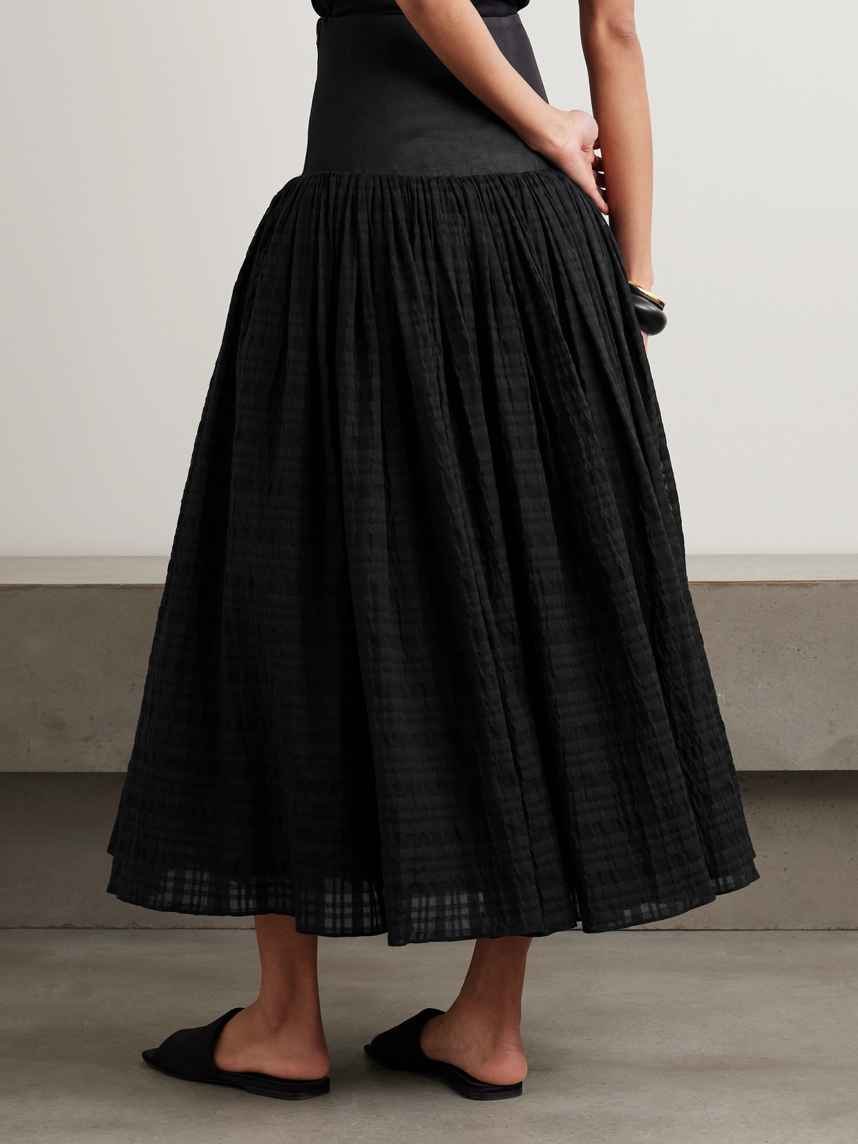 Satin-Trimmed Pleated Checked Gauze Maxi