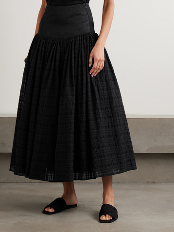 Abadia Satin-trimmed pleated checked gauze maxi skirt