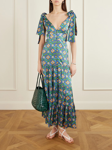 CRISTIANO MARCHELI Donatella tie-detailed tiered printed silk-blend satin maxi dress
