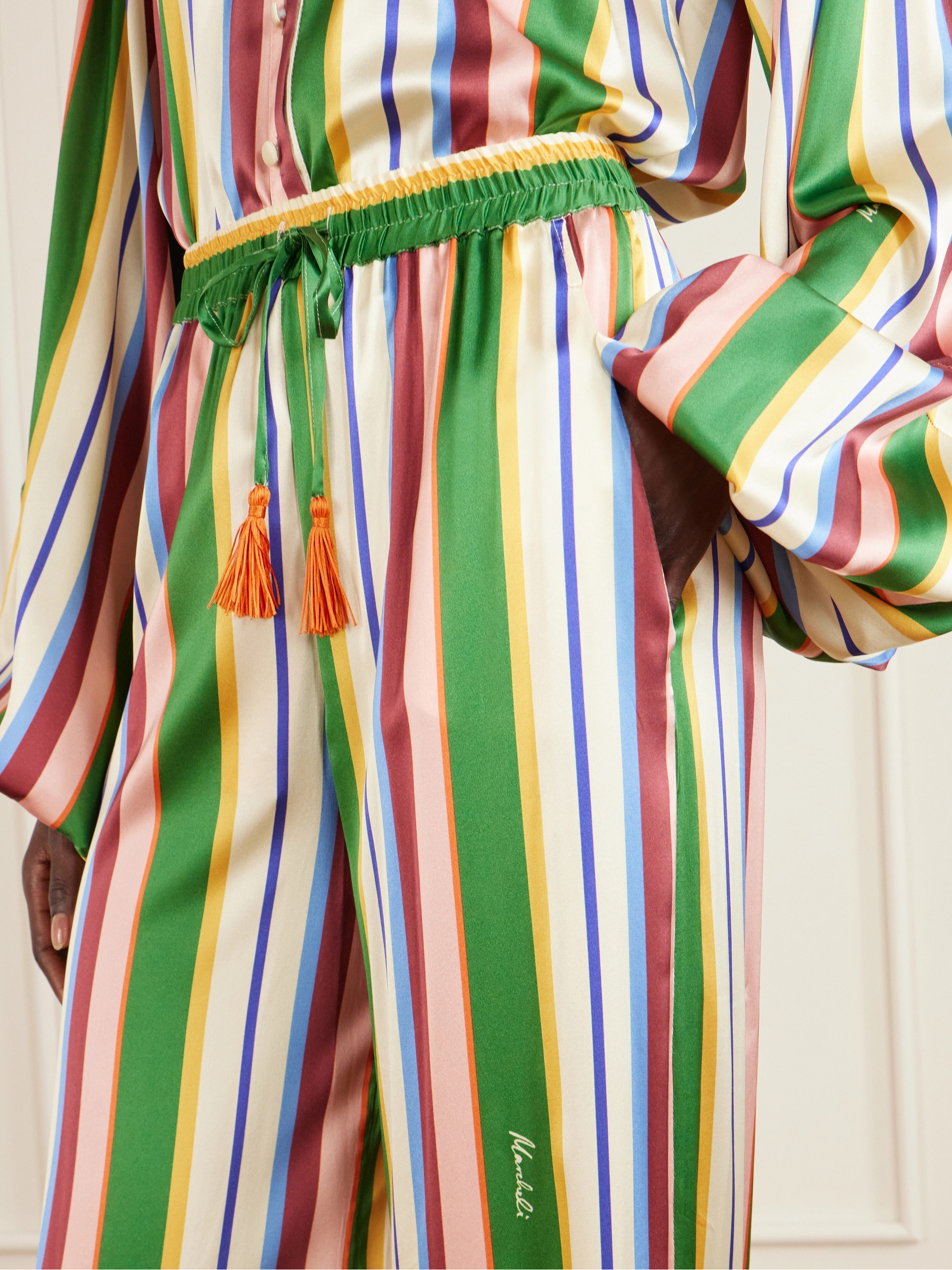 CRISTIANO MARCHELI Letizia tasseled striped stretch-silk satin wide-leg pants