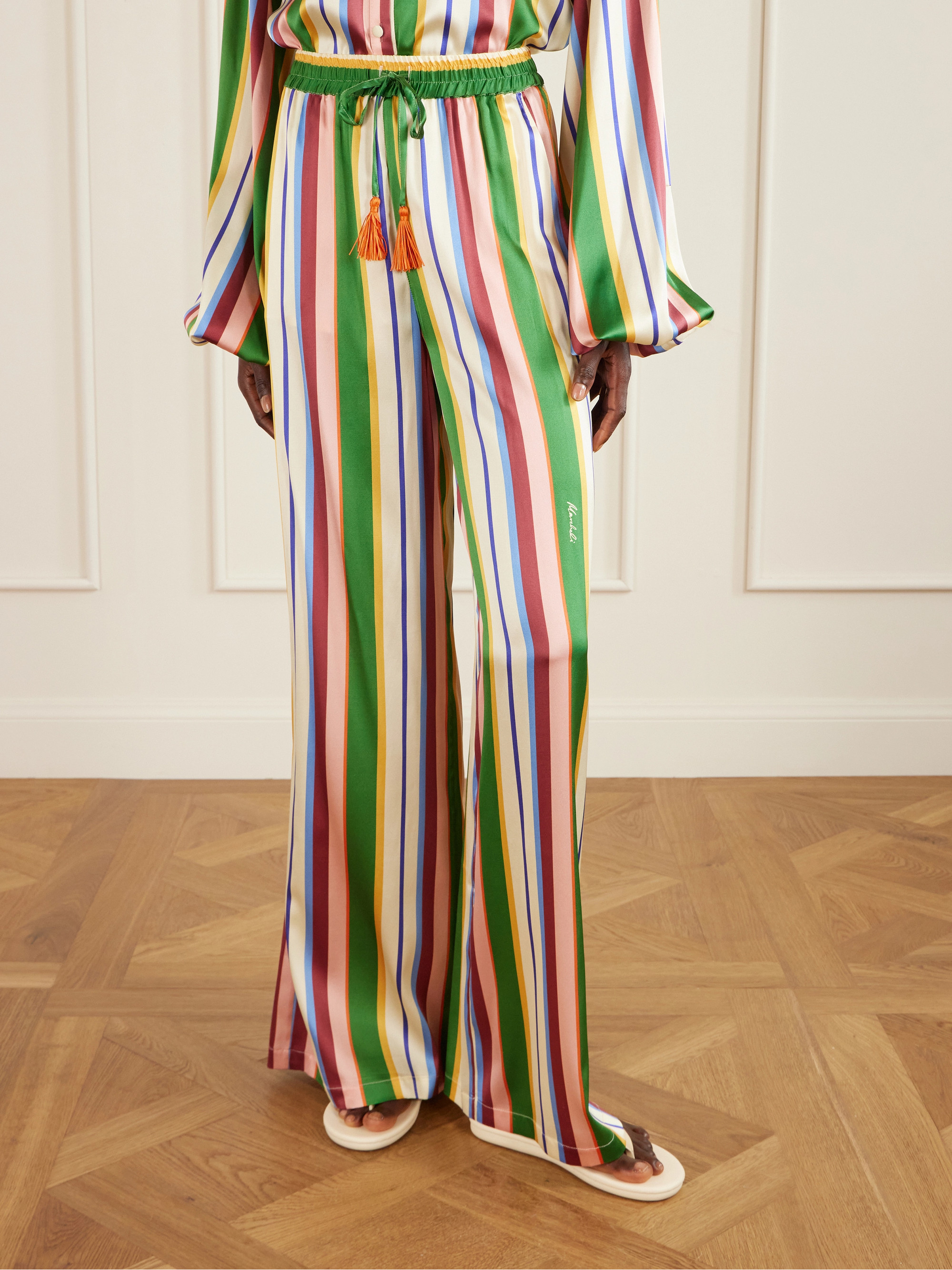 CRISTIANO MARCHELI Letizia tasseled striped stretch-silk satin wide-leg pants